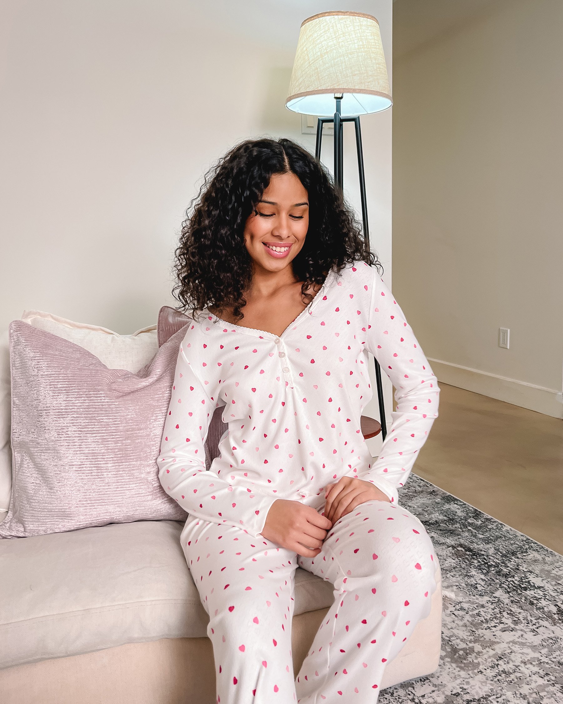 LA VIE EN ROSE Heart Print Pointelle Long Sleeve Shirt White 40100822 - View6