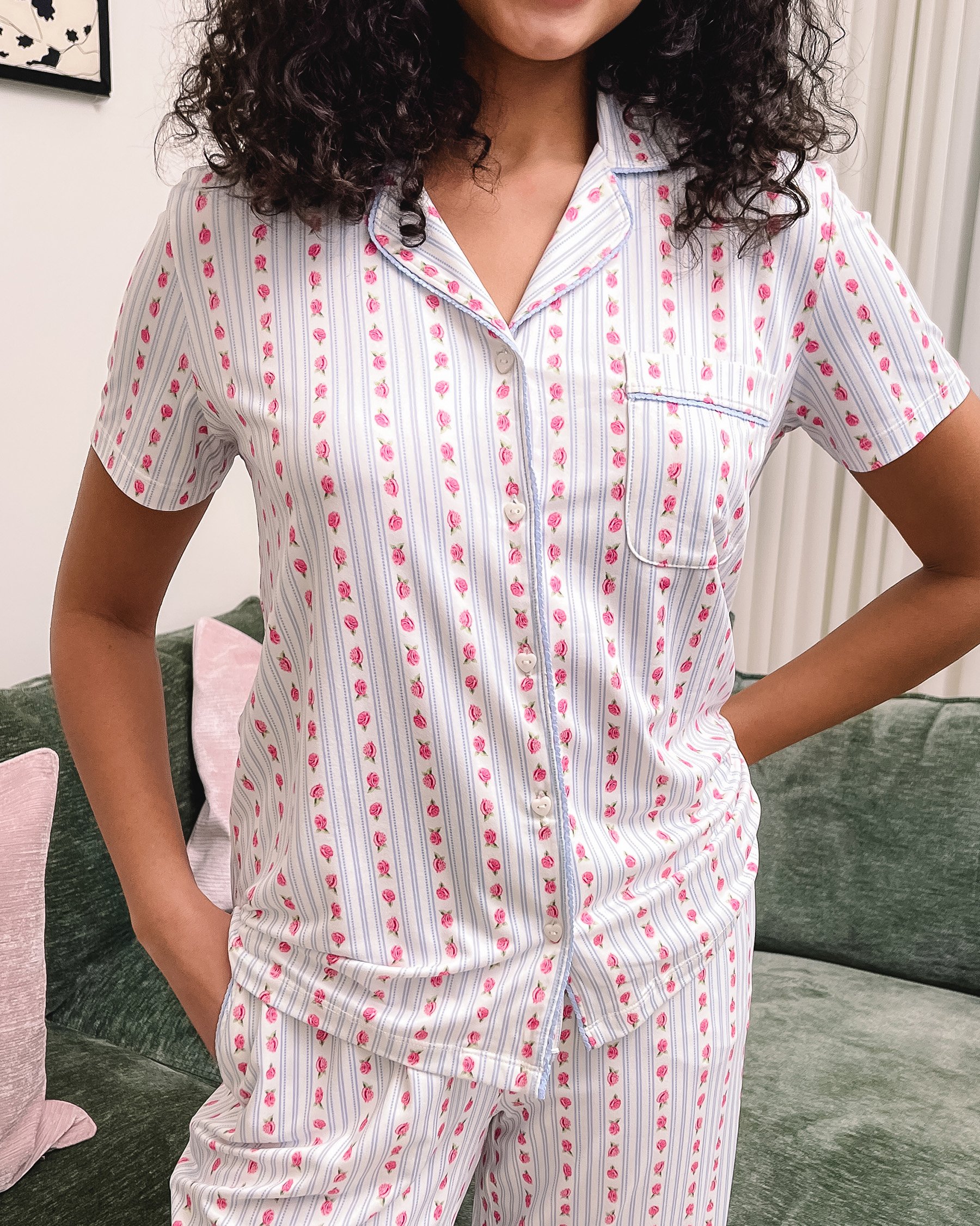 LA VIE EN ROSE Rose Print Super Soft Short Sleeve Button-down Shirt Rose Stripe 40100827 - View4
