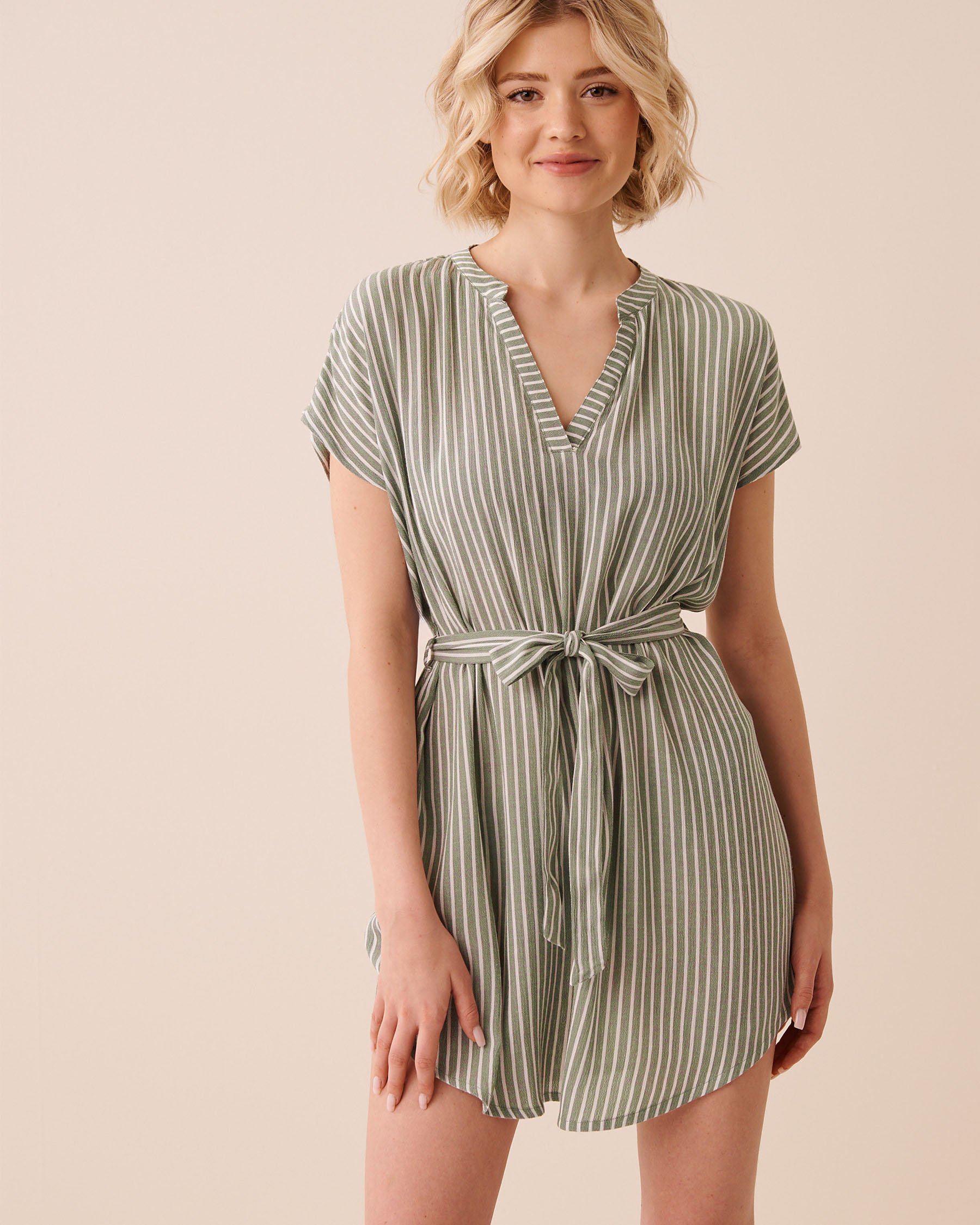 LA VIE EN ROSE AQUA Gauze Short Dress Green Stripes 80300134 - View1