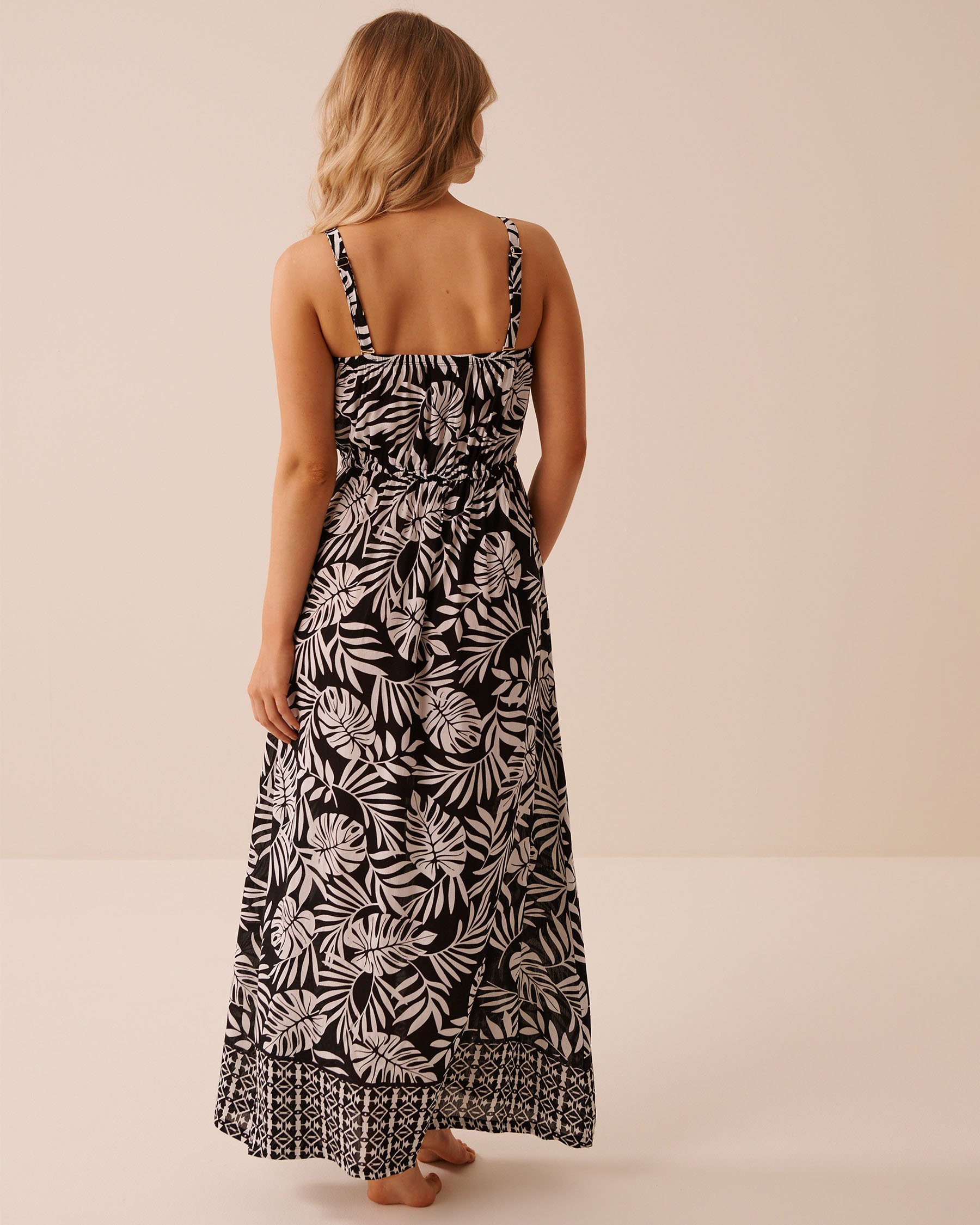 LA VIE EN ROSE AQUA Tropical Gauze Maxi Dress Black/Tropical Leaves 80300135 - View2