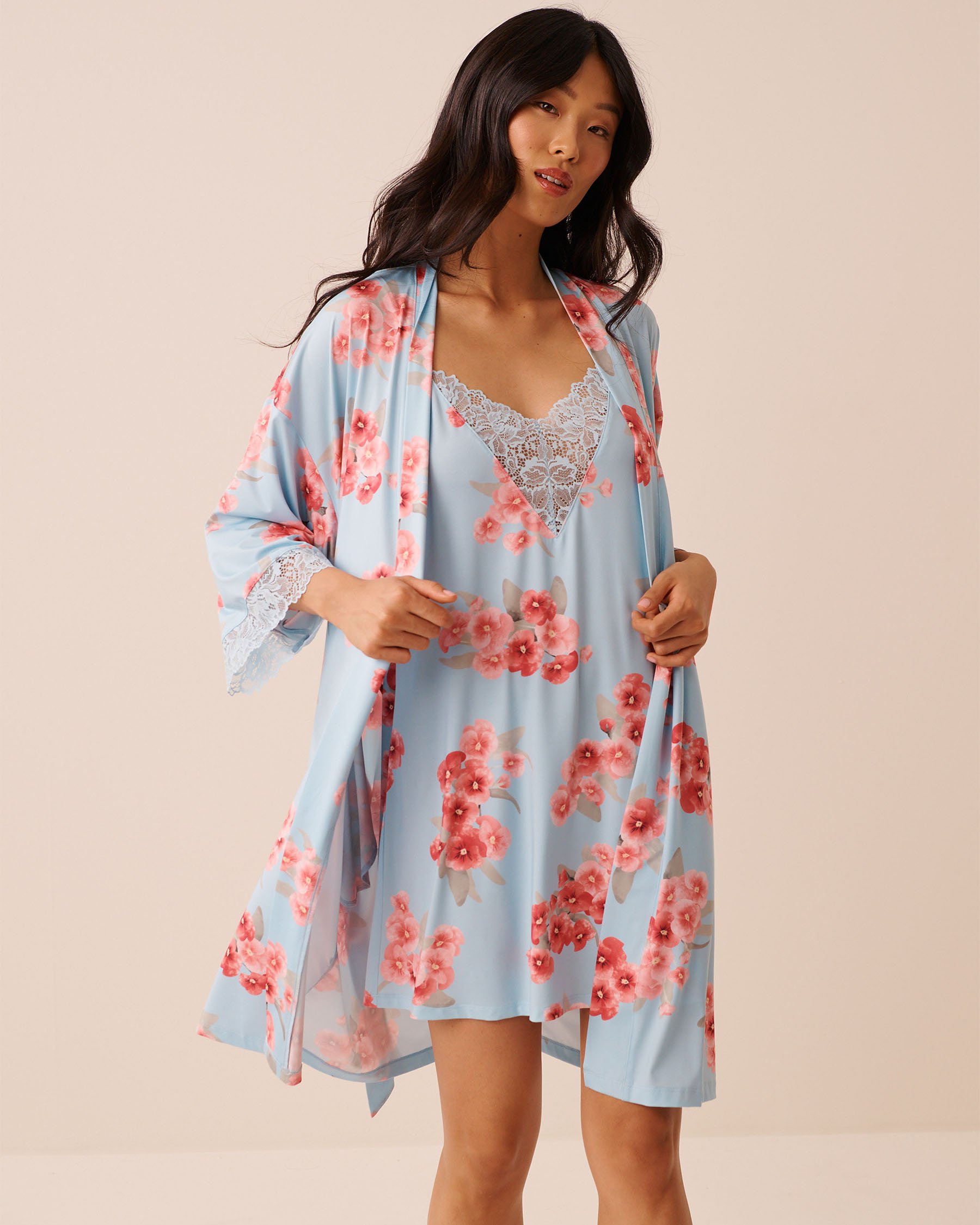 LA VIE EN ROSE Spring Blossom Print Lace Trim Kimono Spring Blossom 60600118 - View1