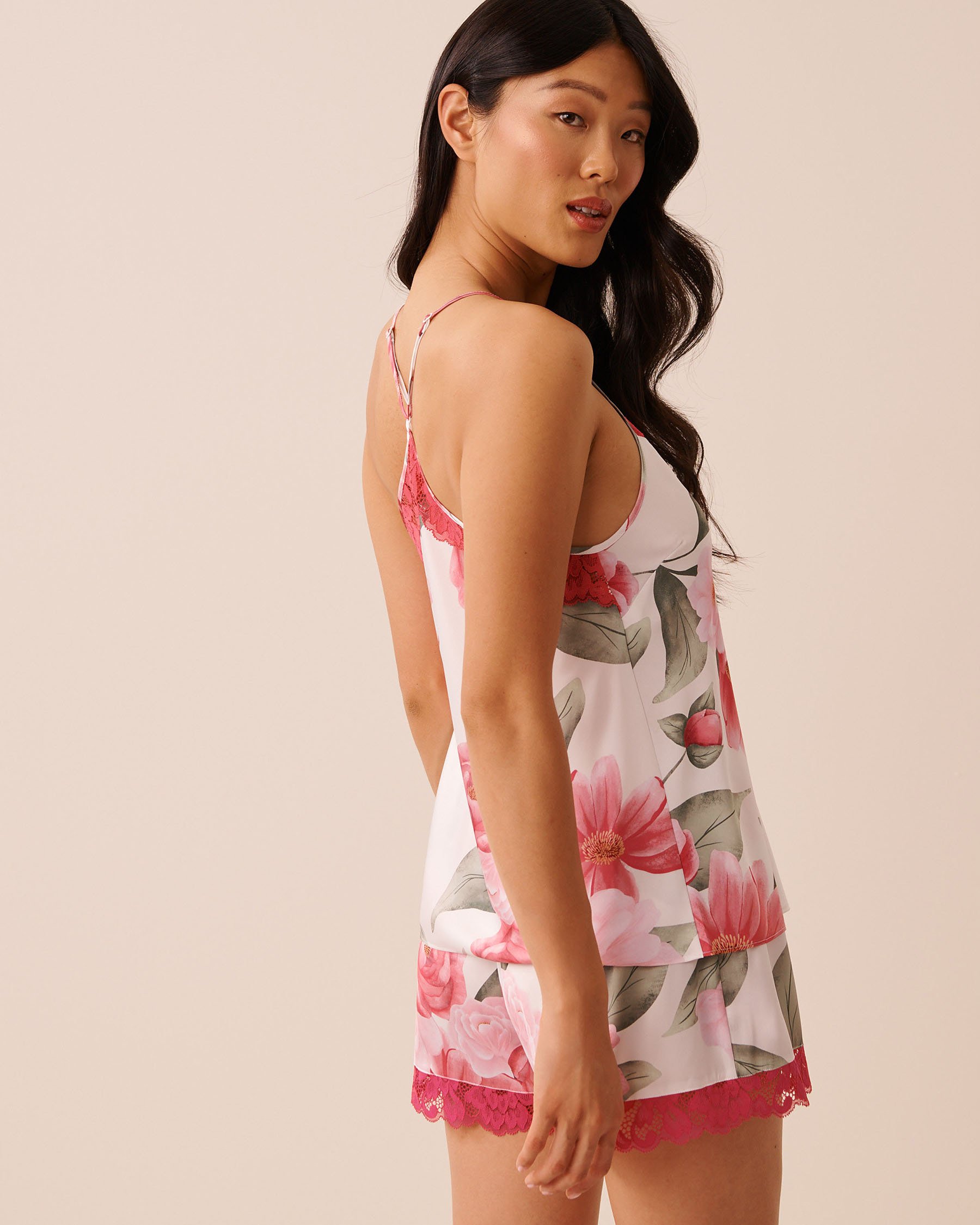 LA VIE EN ROSE Camellia Print Lace Trim Satin Cami White/Camellias 60100183 - View5