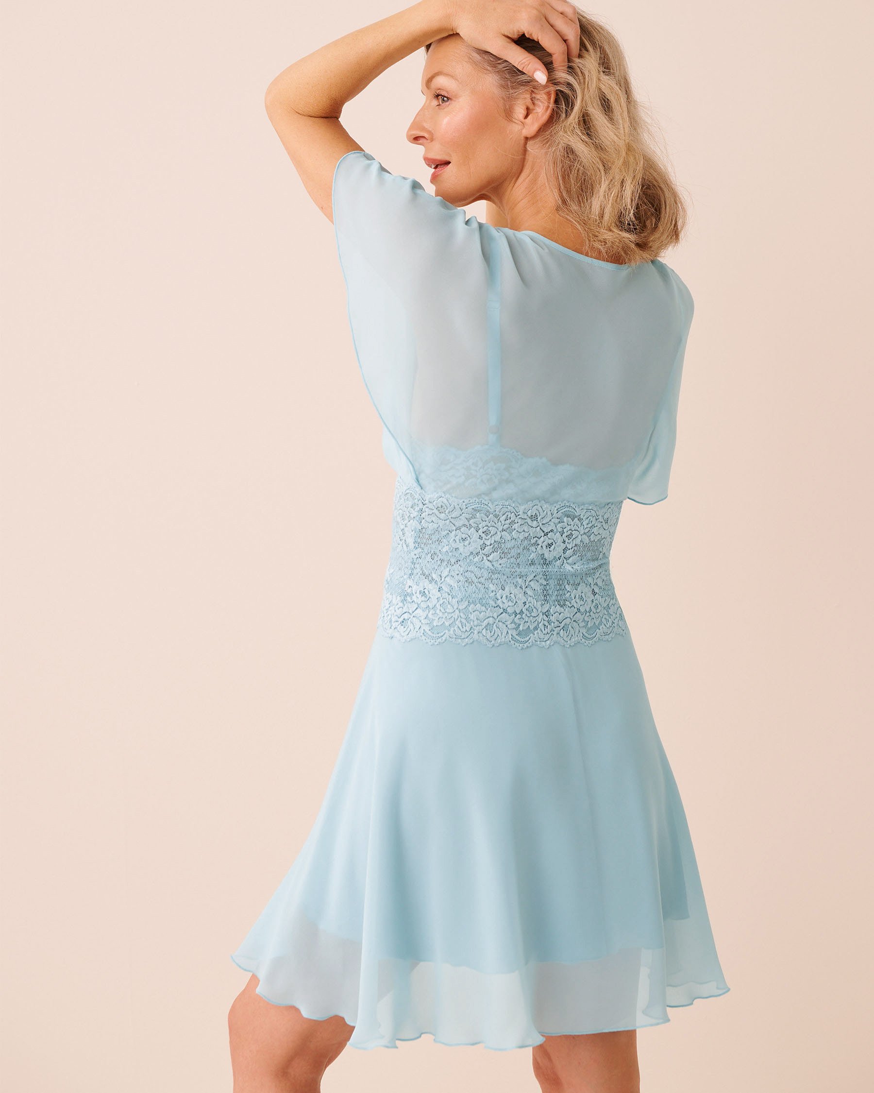 LA VIE EN ROSE Chiffon and Lace Open Front Nightie Baby Blue 60500229 - View2