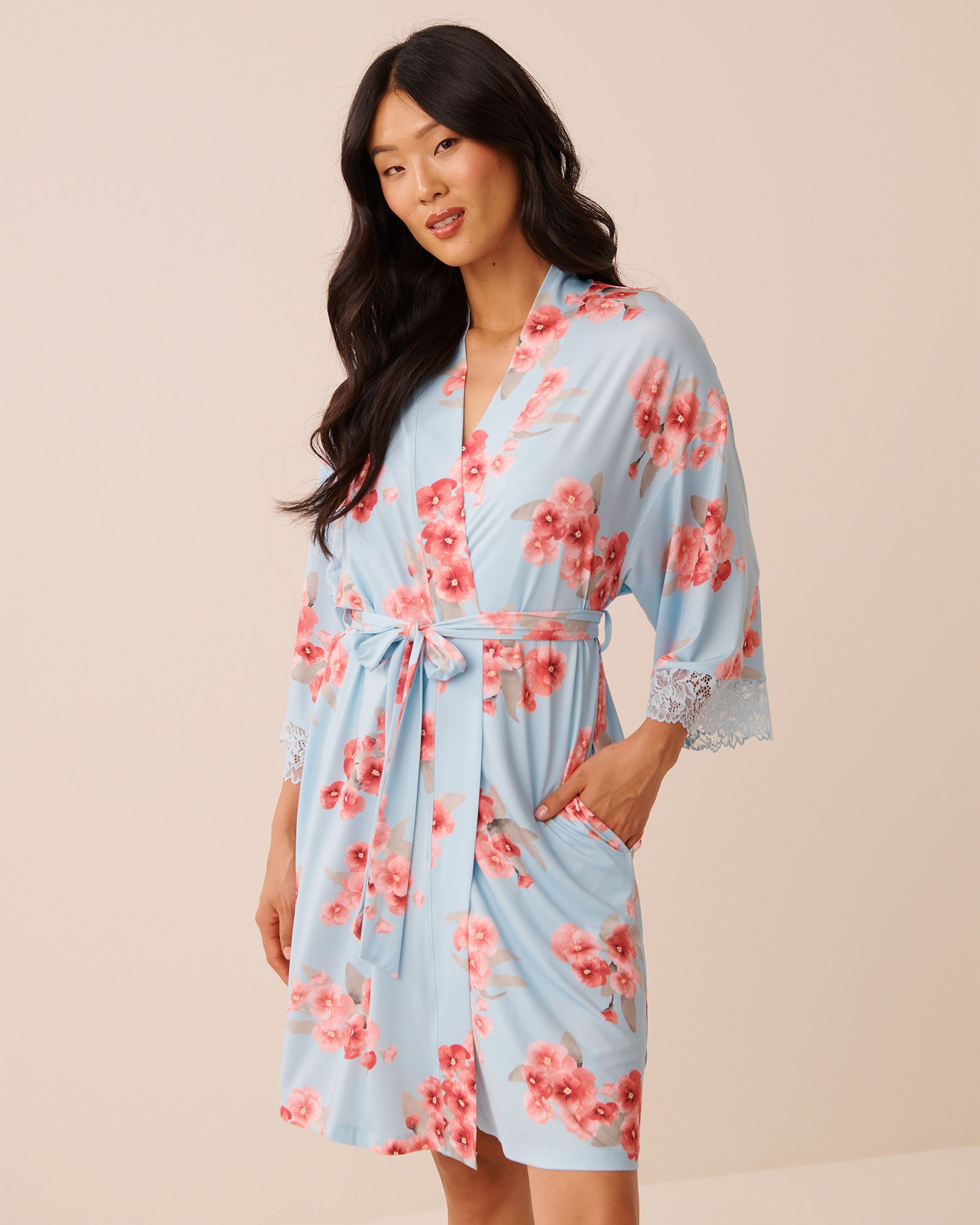 LA VIE EN ROSE Spring Blossom Print Lace Trim Kimono Spring Blossom 60600118 - View2