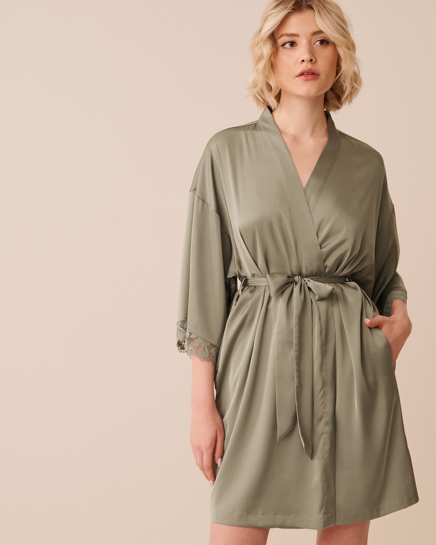 LA VIE EN ROSE Lace Trim Satin Kimono Sage Green 60600117 - View1