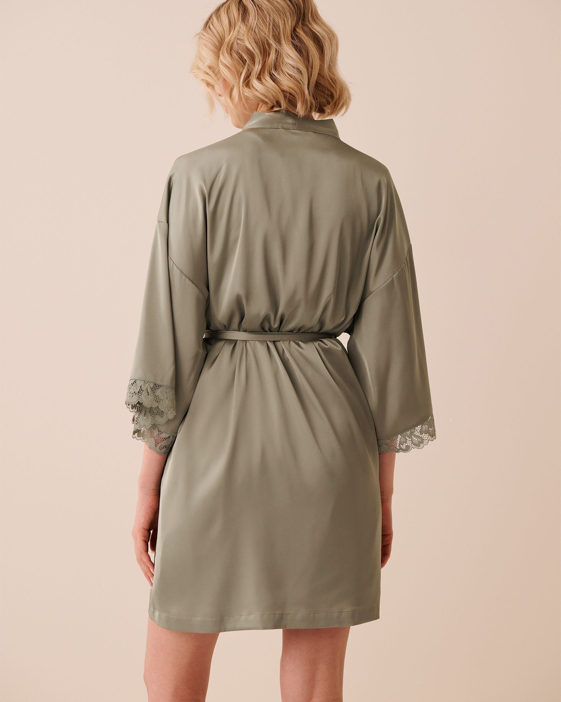 LA VIE EN ROSE Lace Trim Satin Kimono Sage Green 60600117 - View2