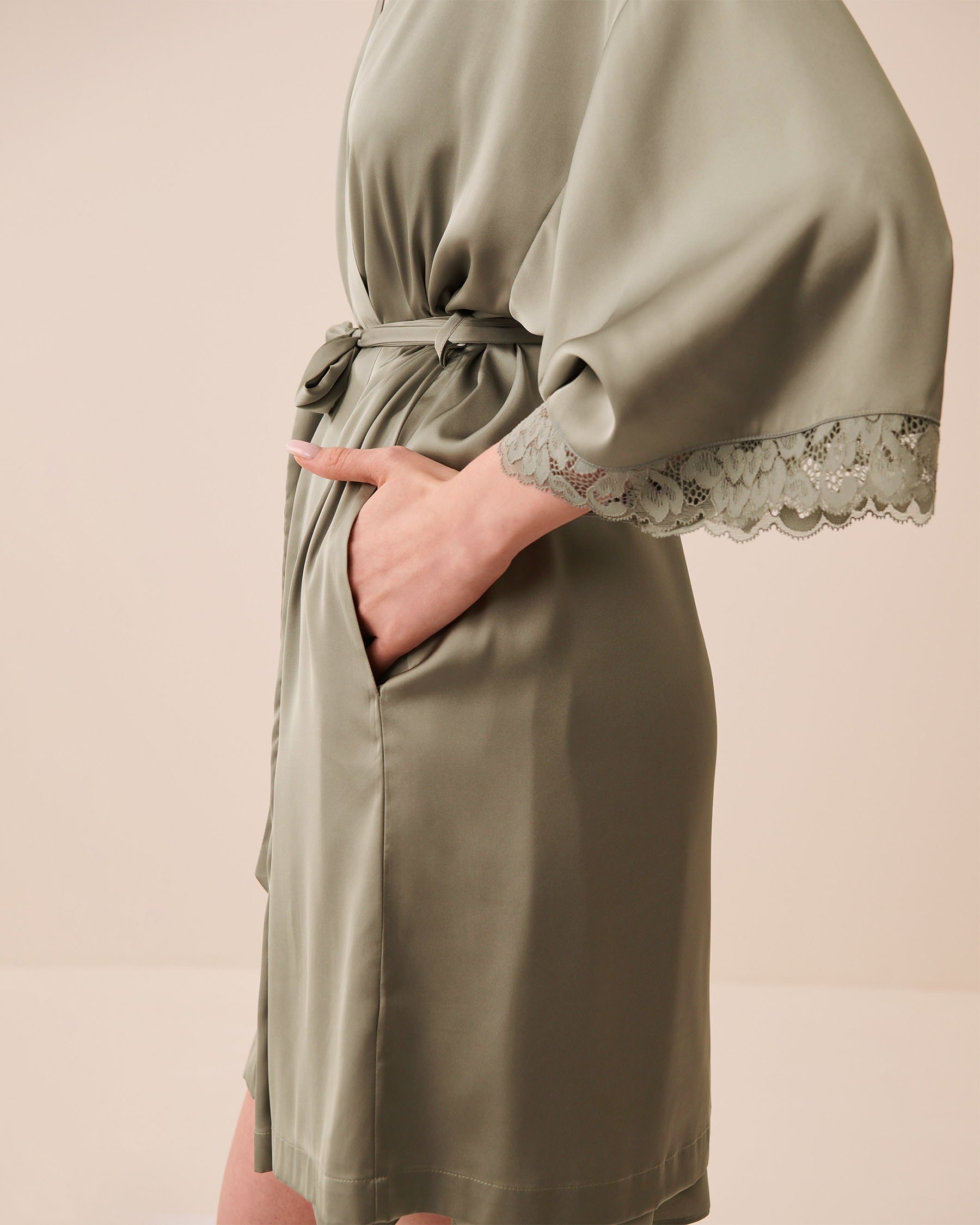 LA VIE EN ROSE Lace Trim Satin Kimono Sage Green 60600117 - View3