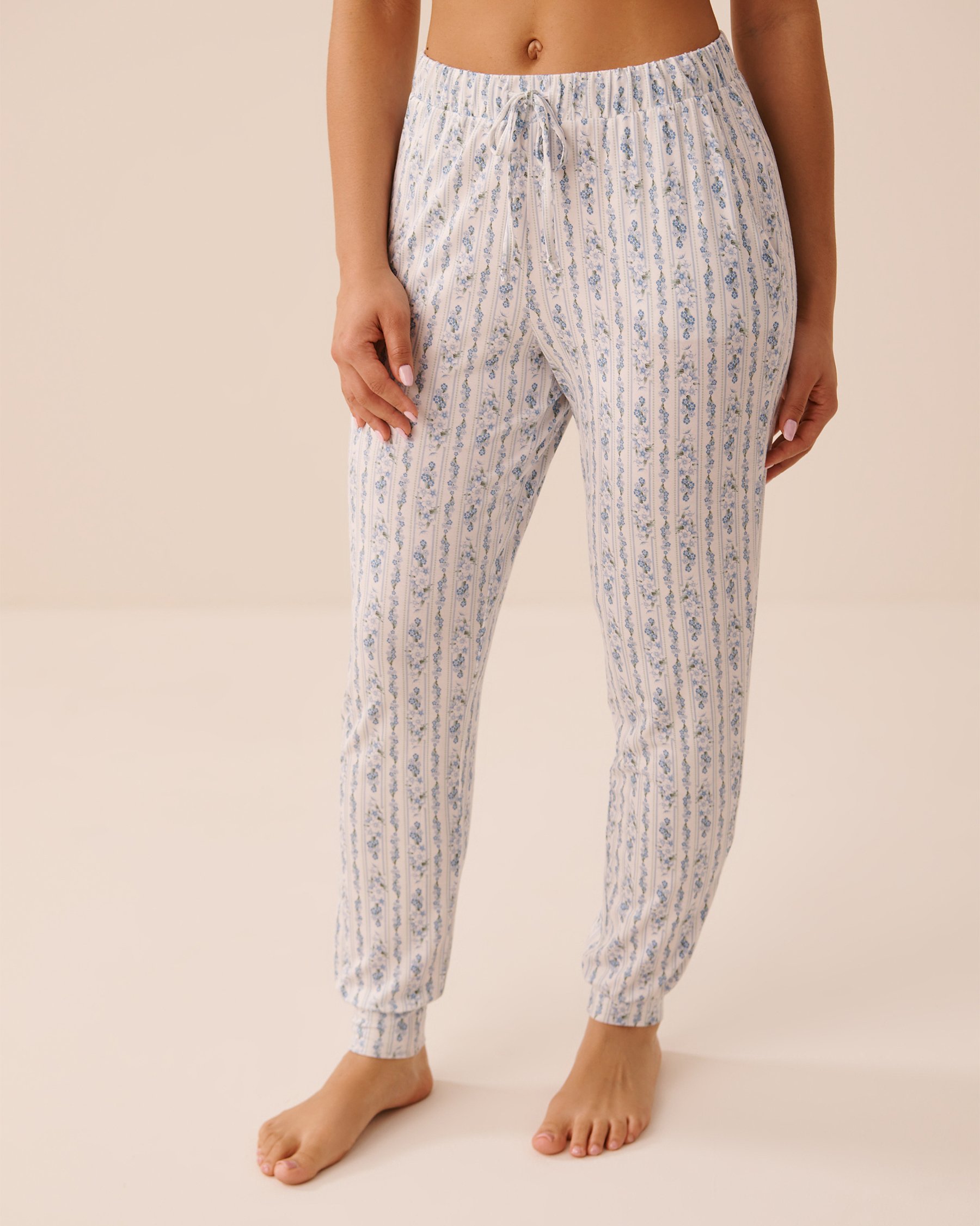 LA VIE EN ROSE Blue Floral Print Soft Jersey Jogger Pajama Pants Blue Flowers/Stripes 60200185 - View1