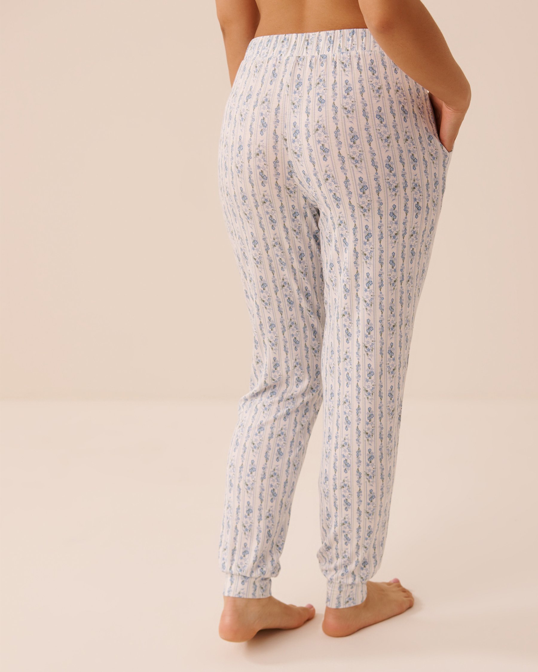 LA VIE EN ROSE Blue Floral Print Soft Jersey Jogger Pajama Pants Blue Flowers/Stripes 60200185 - View2