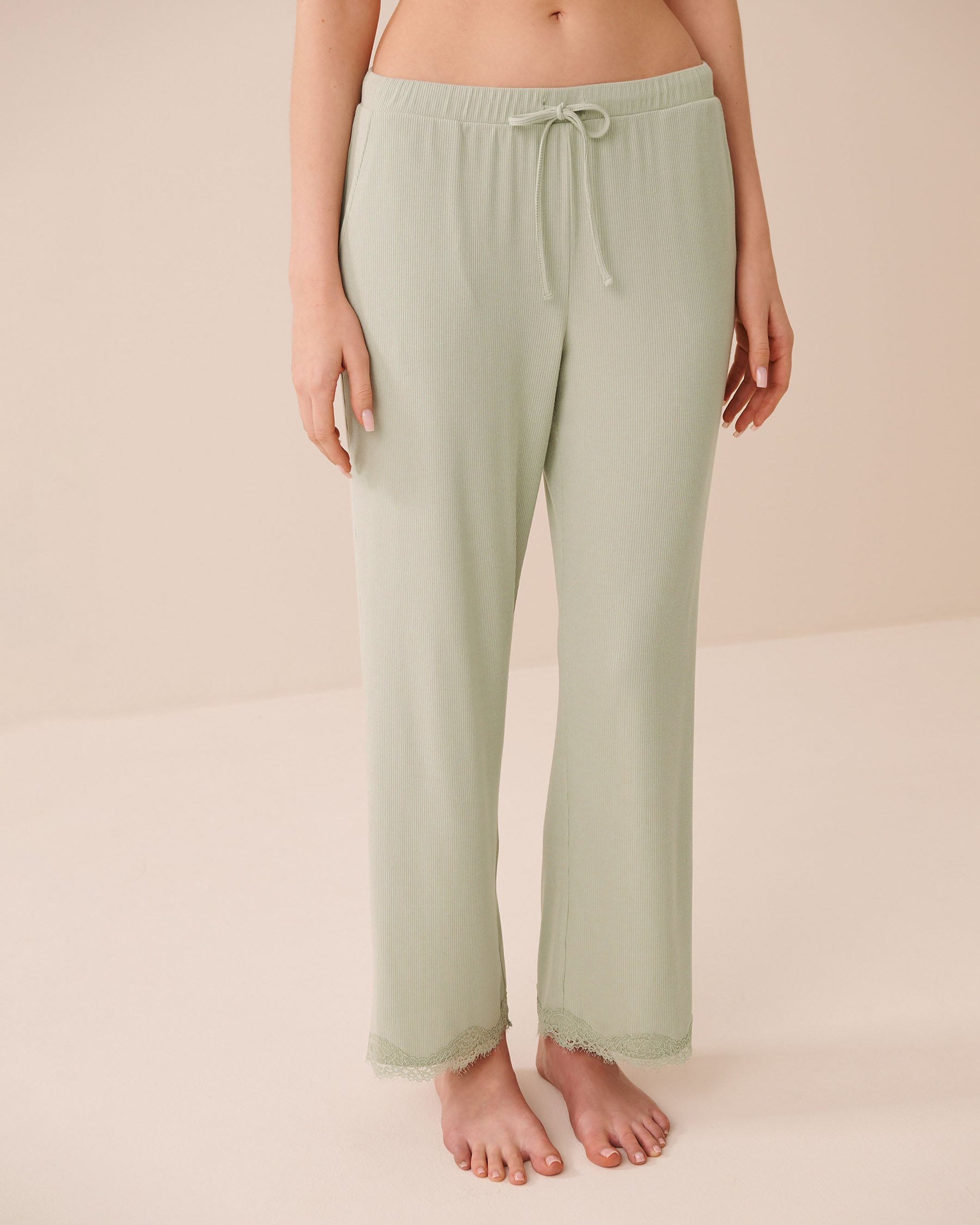 LA VIE EN ROSE Ribbed Modal and Lace Trim Pants Light Pistachio Green 60200181 - View1