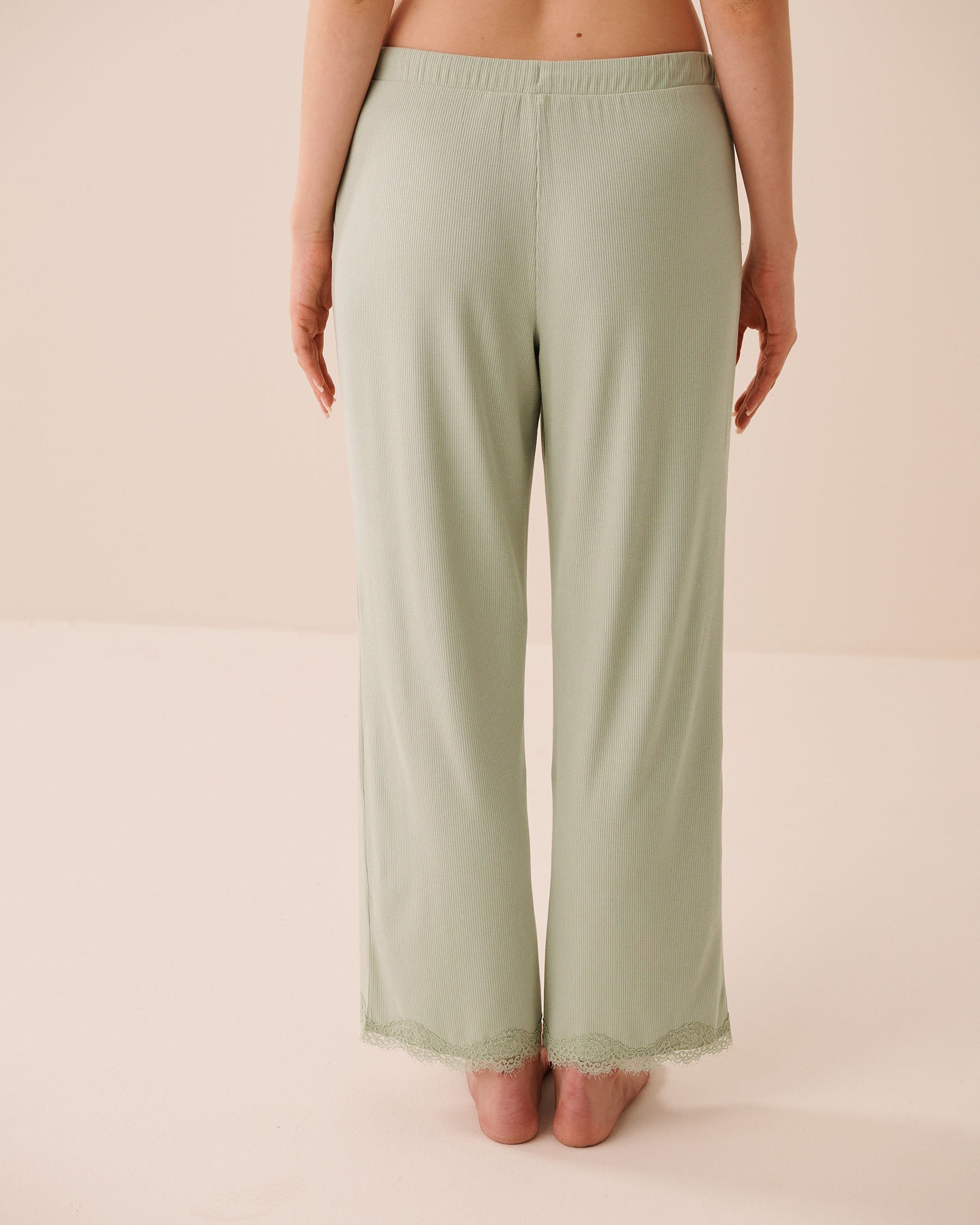 LA VIE EN ROSE Ribbed Modal and Lace Trim Pants Light Pistachio Green 60200181 - View2
