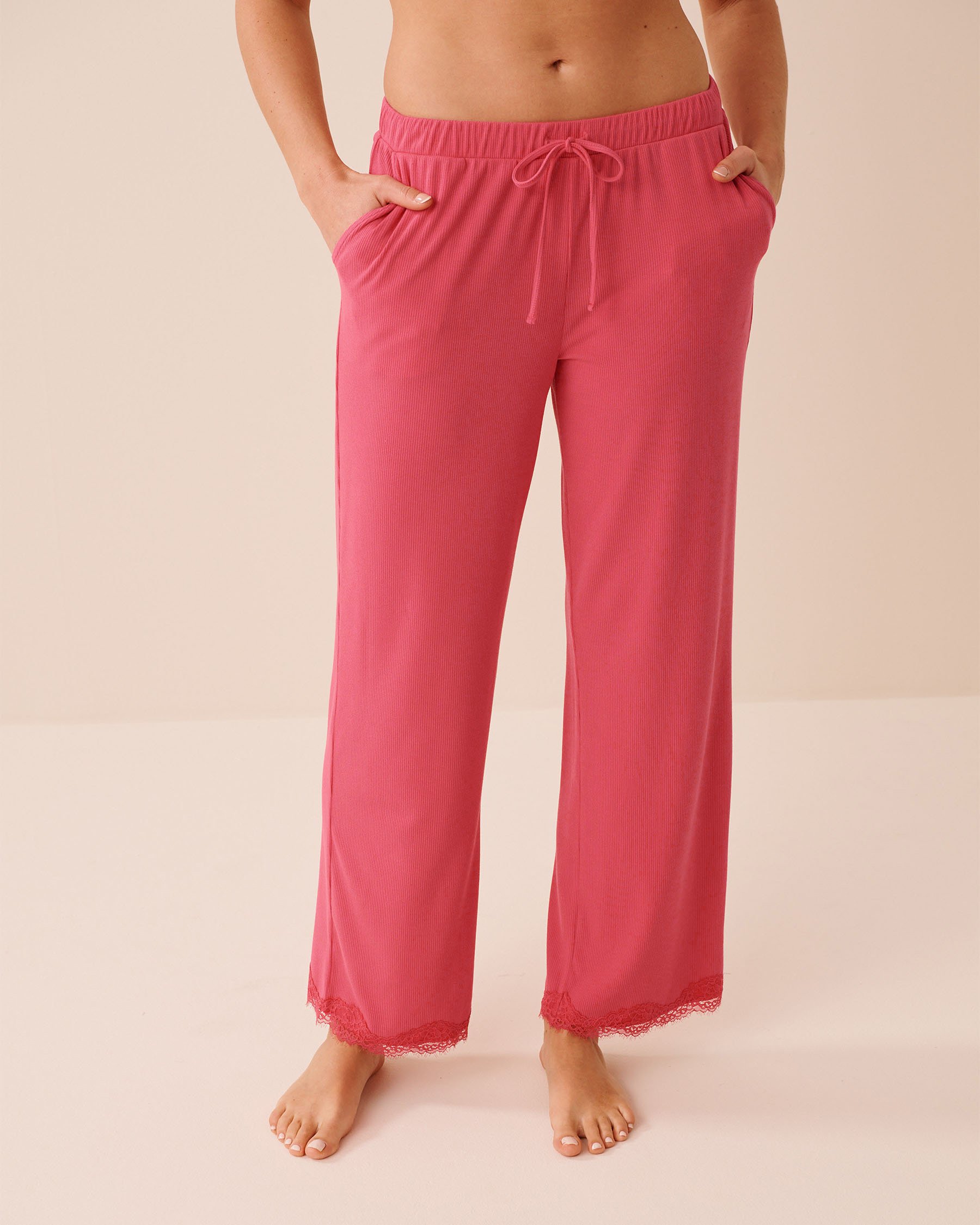 LA VIE EN ROSE Ribbed Modal and Lace Trim Pants Berry Pink 60200181 - View1