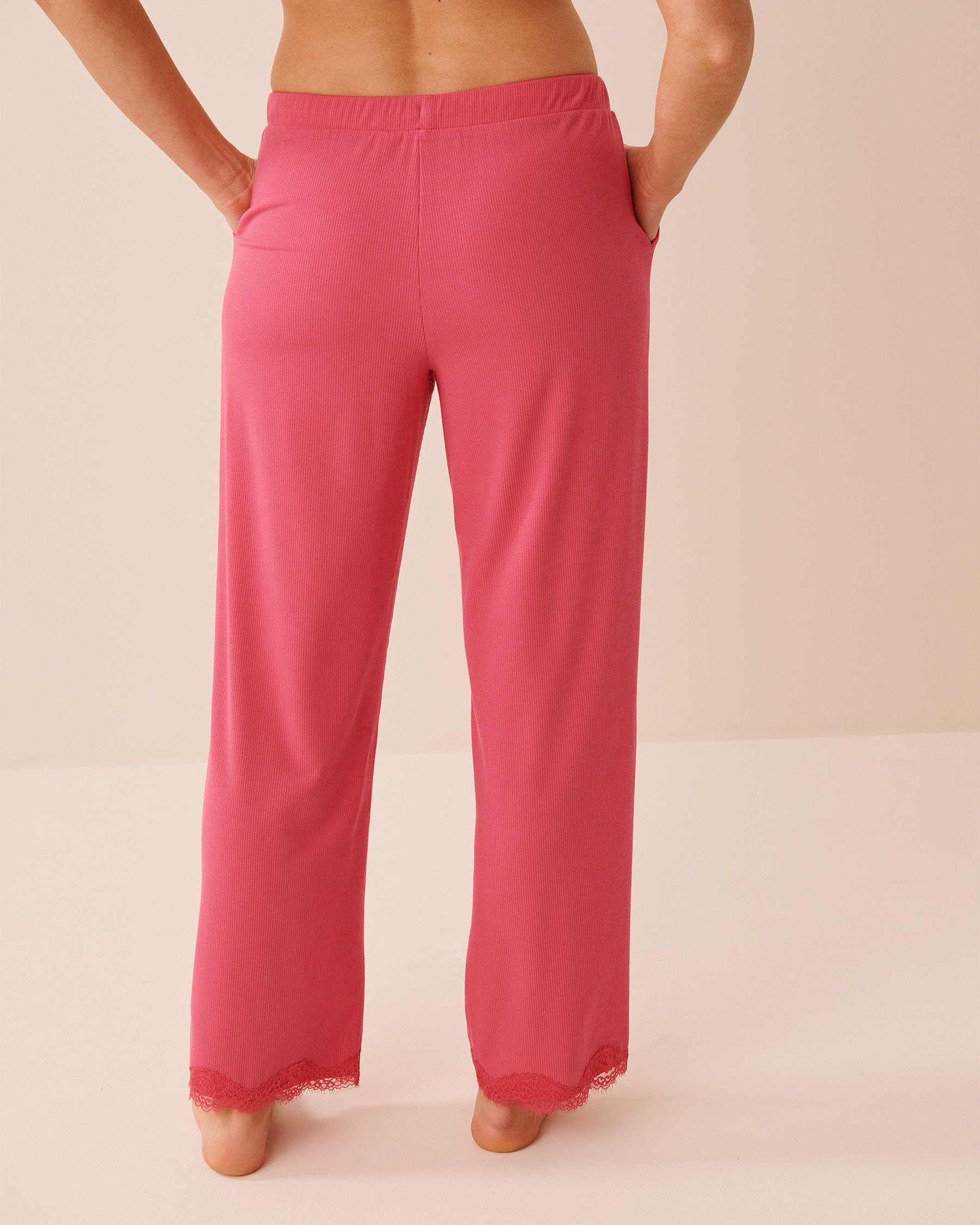 LA VIE EN ROSE Ribbed Modal and Lace Trim Pants Berry Pink 60200181 - View2