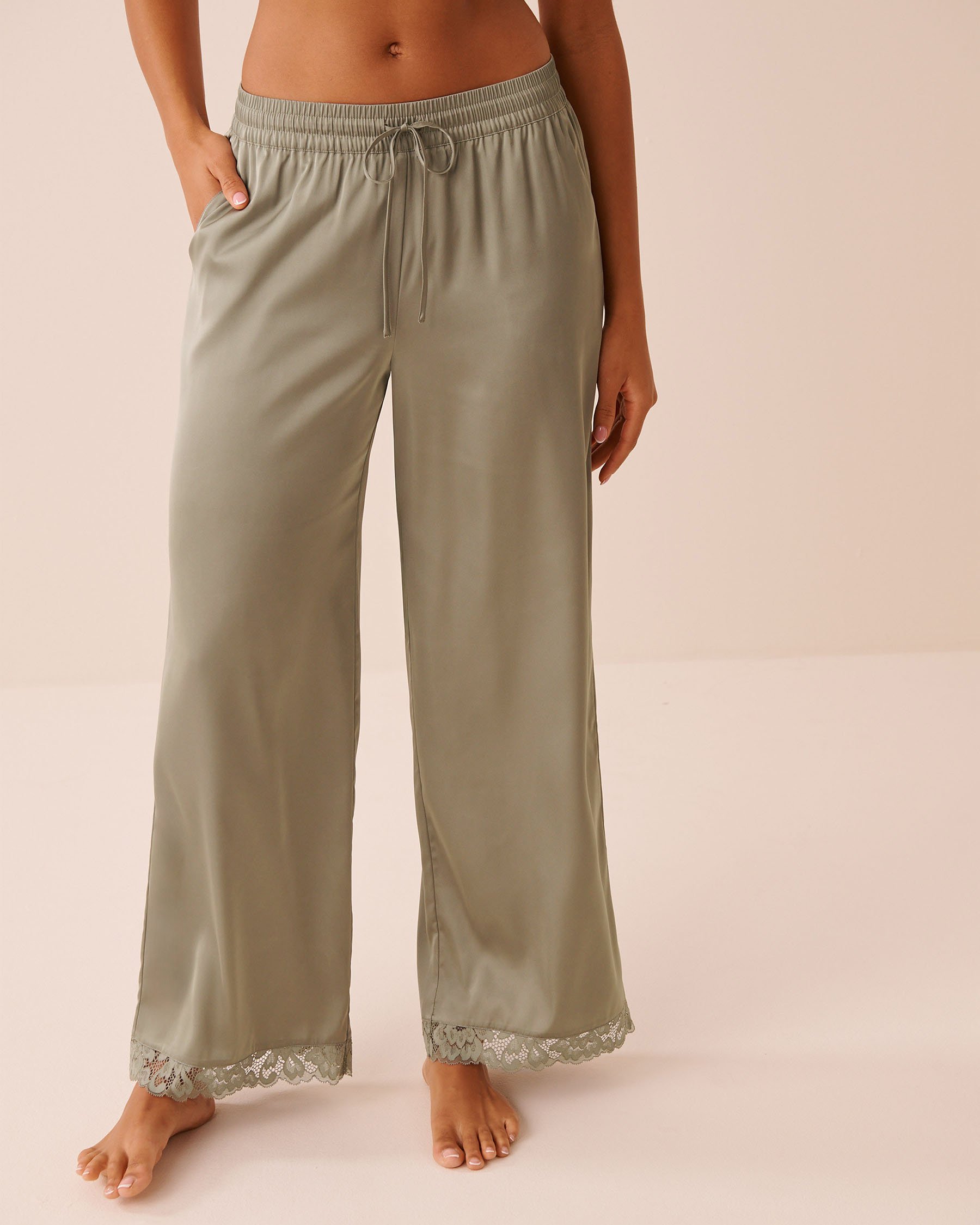 LA VIE EN ROSE Lace Trim Satin Pants Sage Green 60200176 - View1