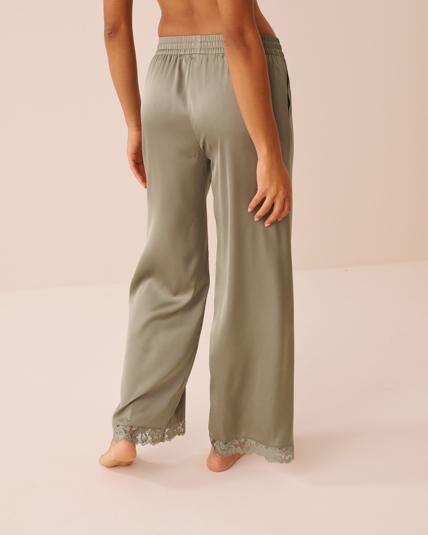 LA VIE EN ROSE Lace Trim Satin Pants Sage Green 60200176 - View2