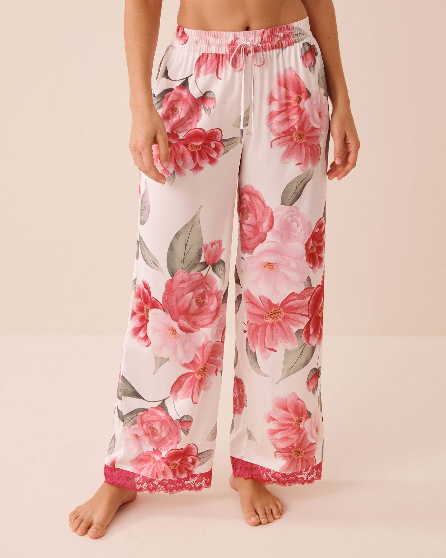 LA VIE EN ROSE Camellia Print Lace Trim Satin Pants White/Camellias 60200176 - View1