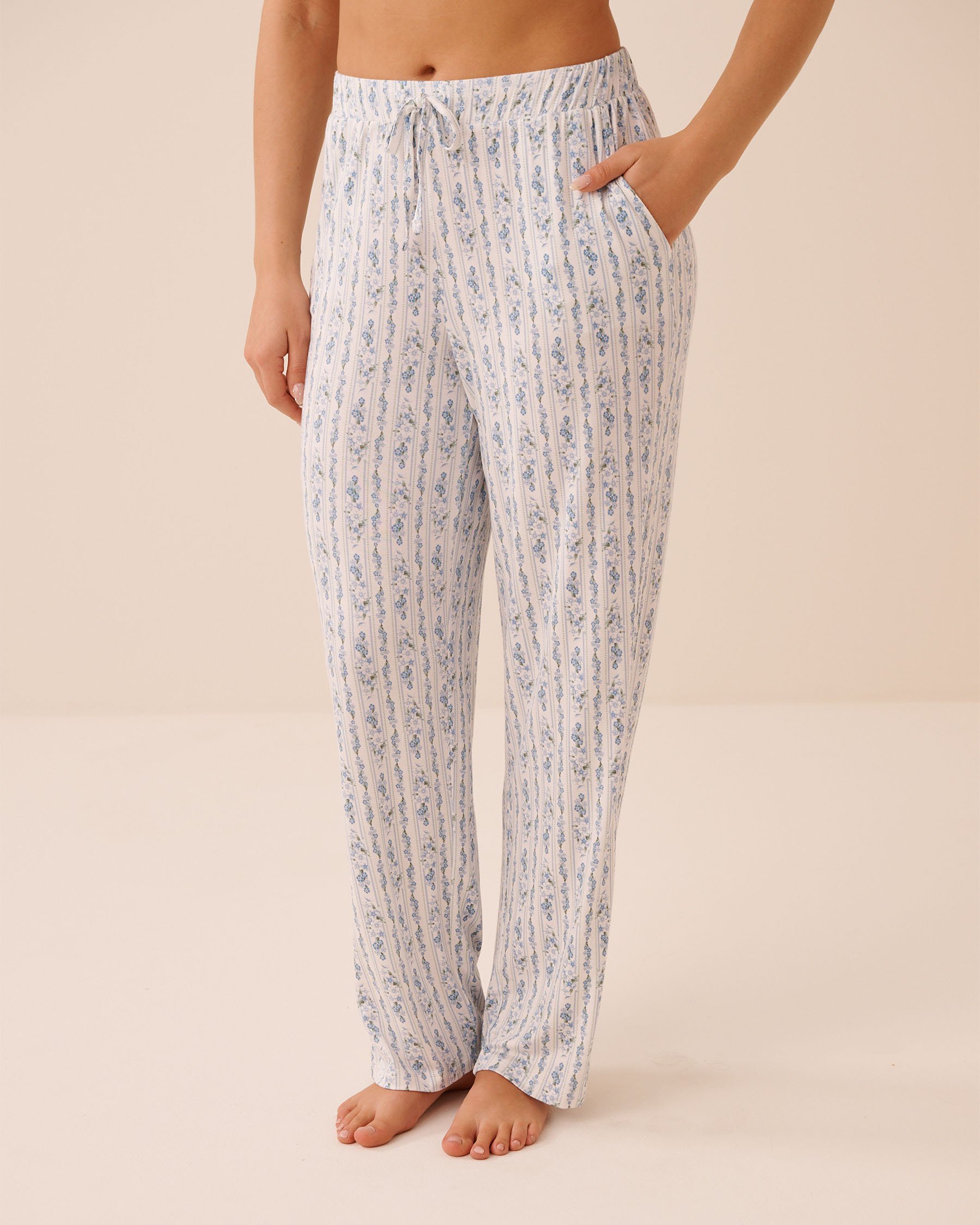 LA VIE EN ROSE Blue Floral Print Soft Jersey Pajama Pants Blue Flowers/Stripes 60200184 - View1