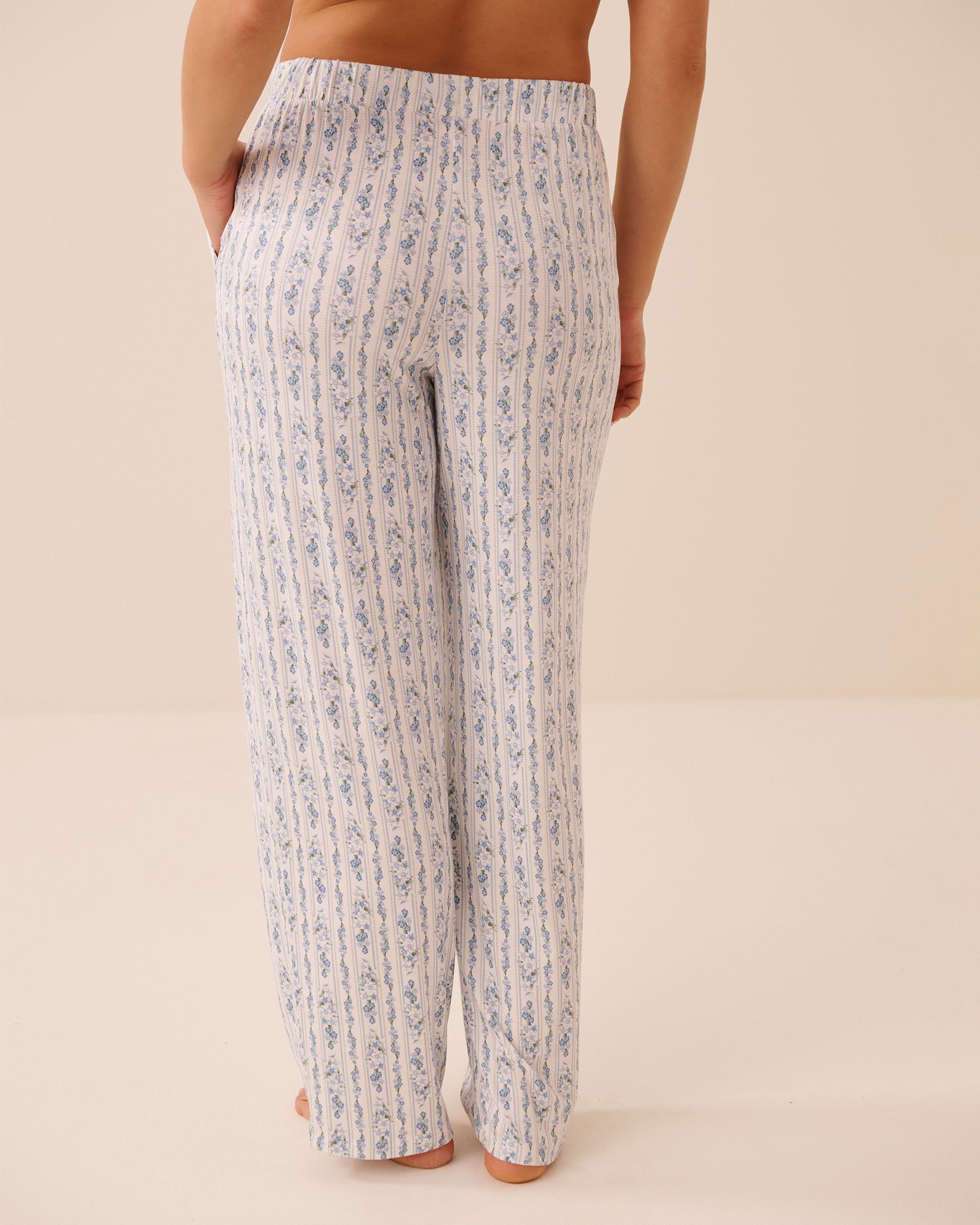 LA VIE EN ROSE Blue Floral Print Soft Jersey Pajama Pants Blue Flowers/Stripes 60200184 - View2