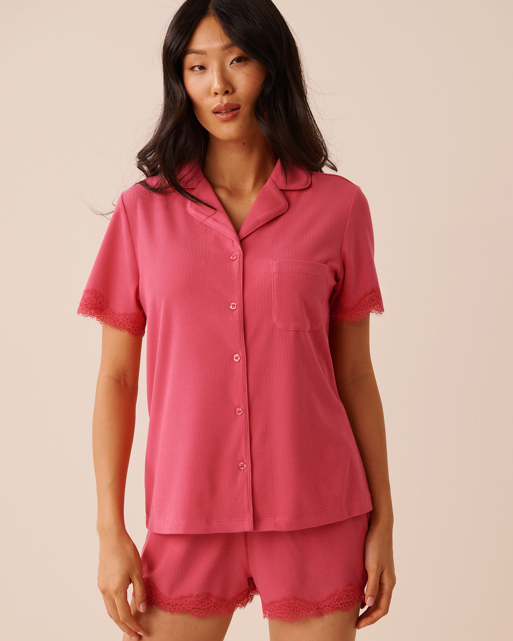 LA VIE EN ROSE Ribbed Modal Short Sleeve Button-down Shirt Berry Pink 60100187 - View1