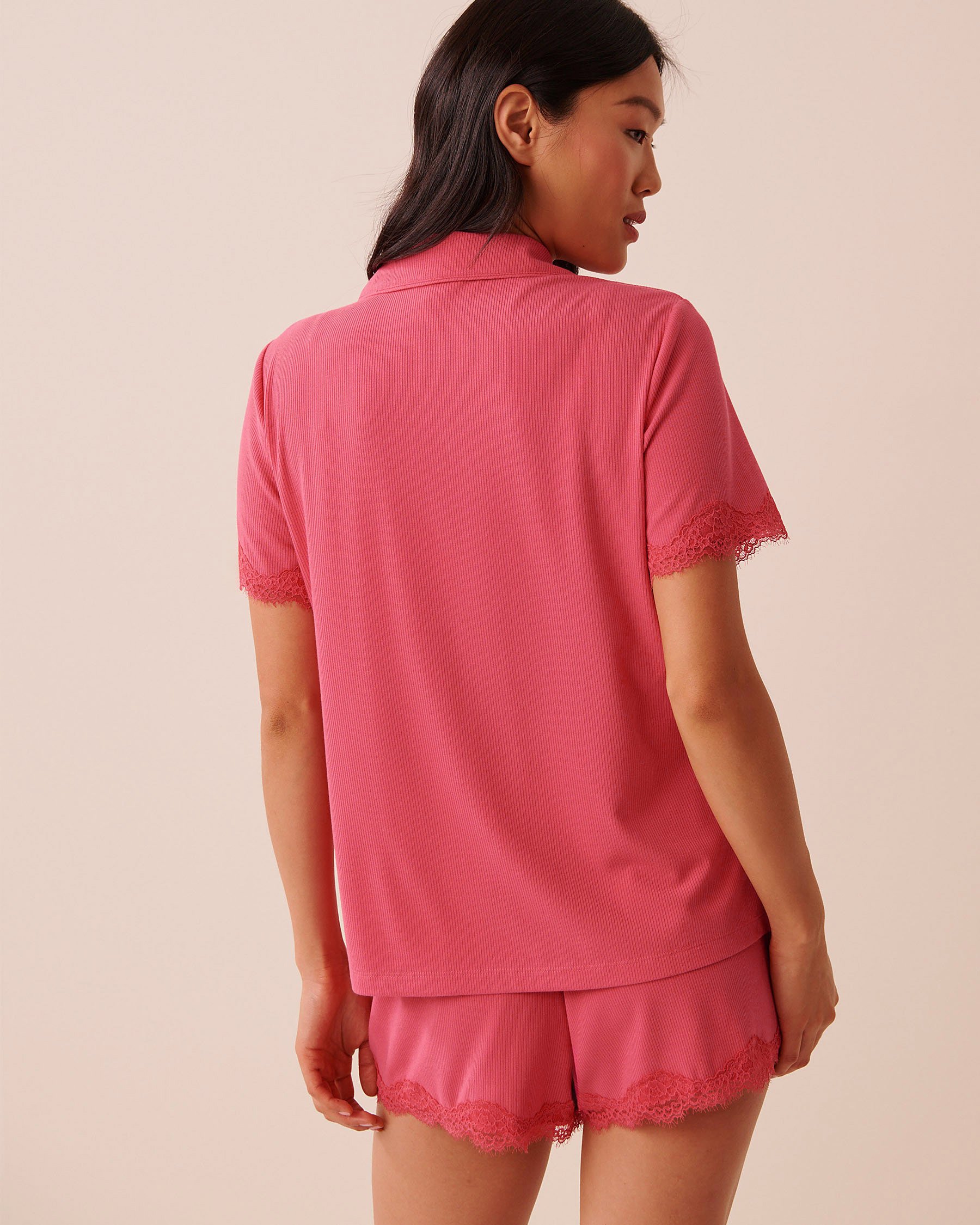 LA VIE EN ROSE Ribbed Modal Short Sleeve Button-down Shirt Berry Pink 60100187 - View2