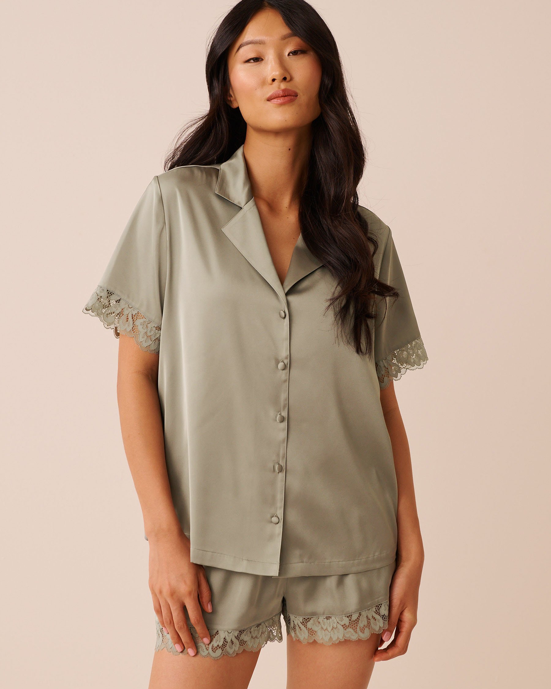 LA VIE EN ROSE Lace Trim Satin Short Sleeve Button-down Shirt Sage Green 60100184 - View1