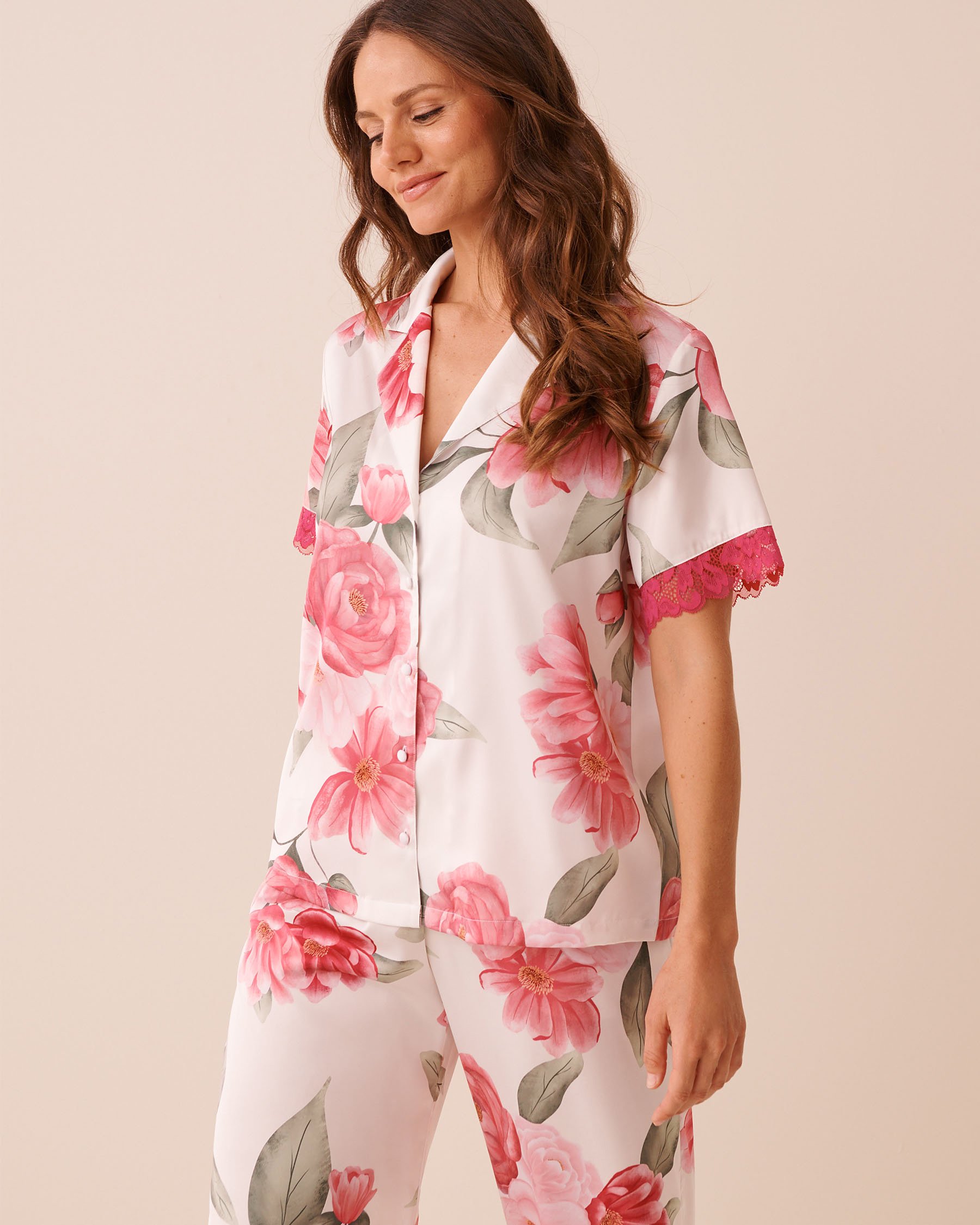 LA VIE EN ROSE Camellia Print Lace Trim Satin Short Sleeve Button-down Shirt White/Camellias 60100184 - View1