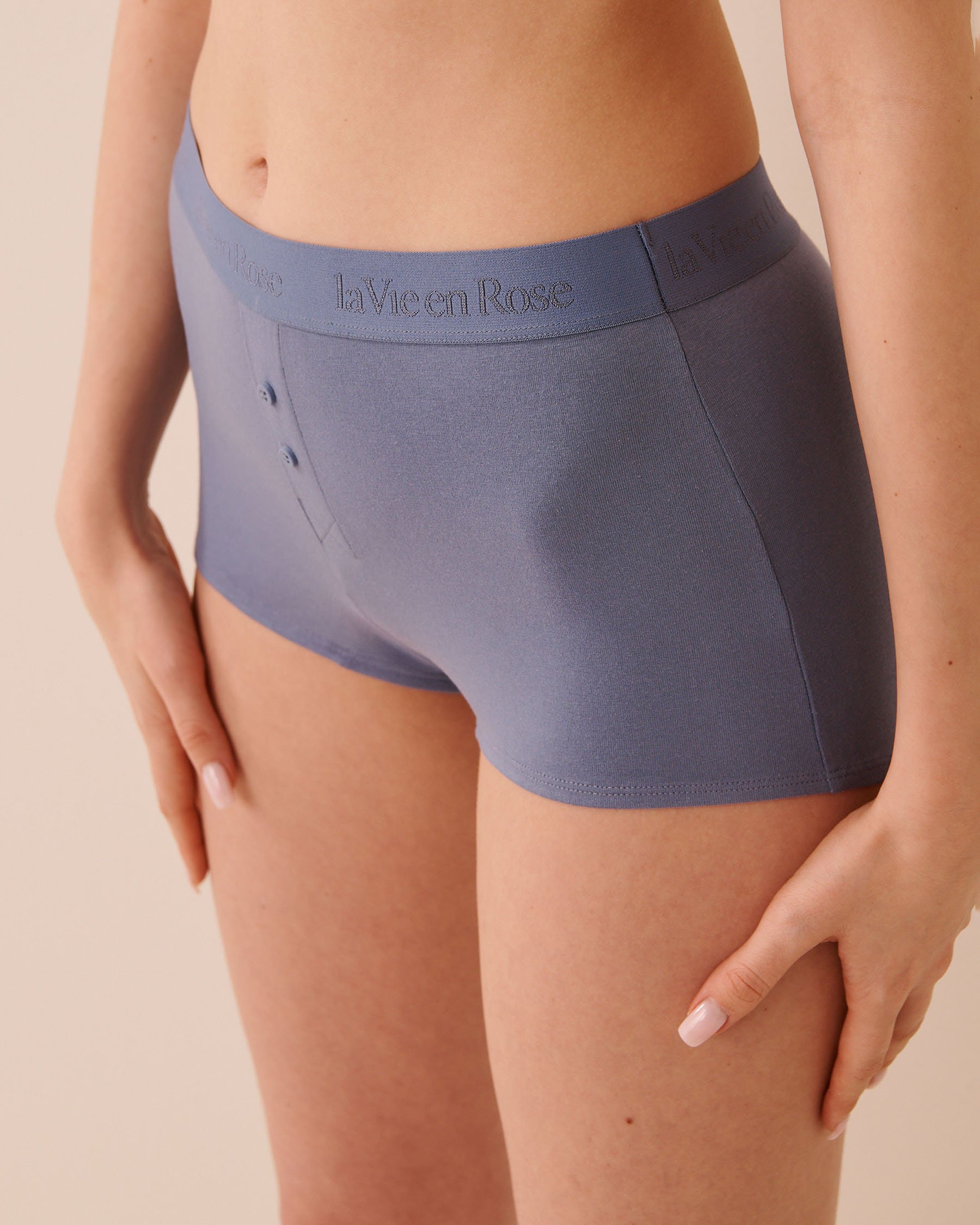 LA VIE EN ROSE Cotton and Logo Elastic Band High Waist Boyleg Panty Greyish Blue 20100736 - View1