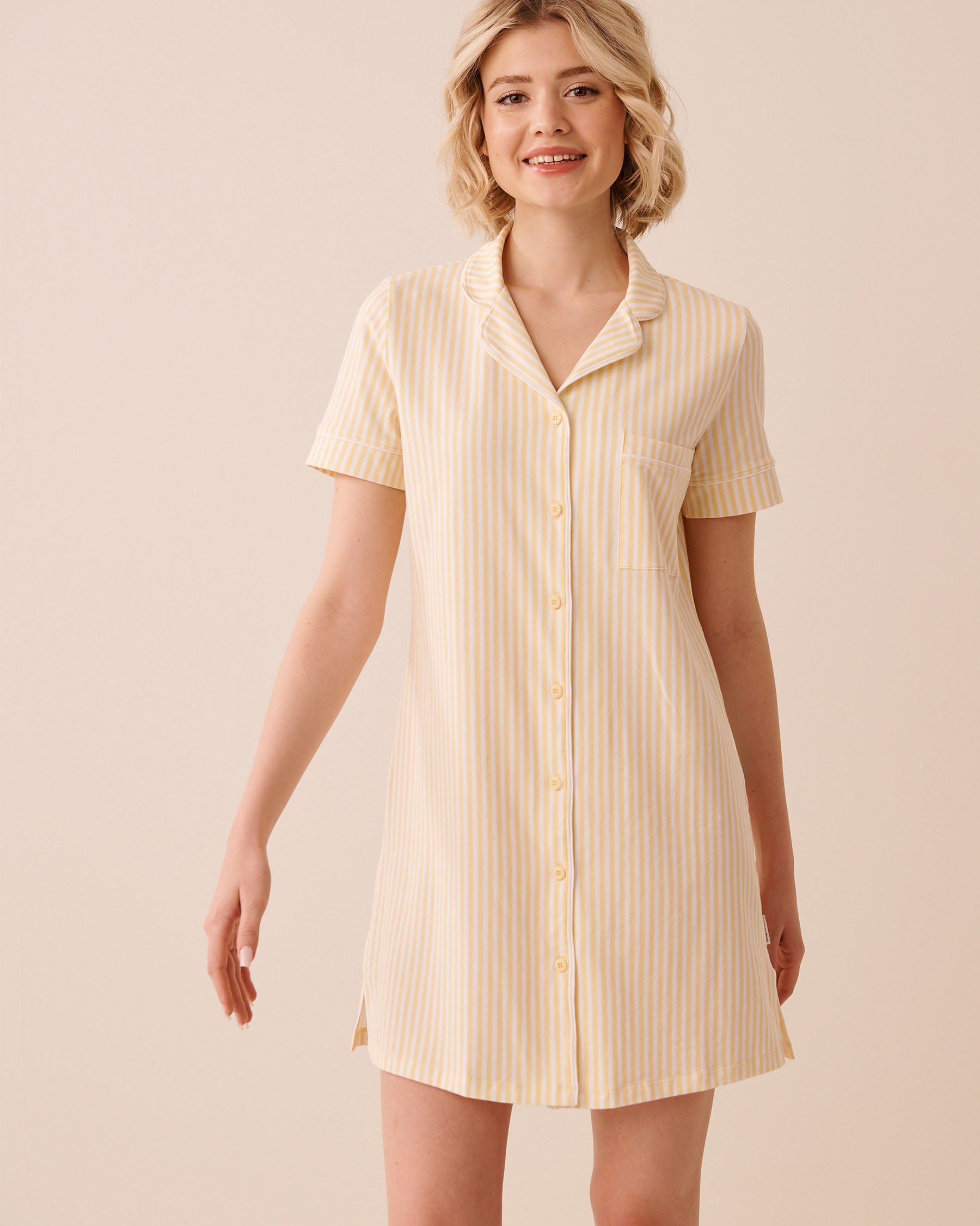 LA VIE EN ROSE Cotton Button-down Sleepshirt Yellow Stripes 40500485 - View1
