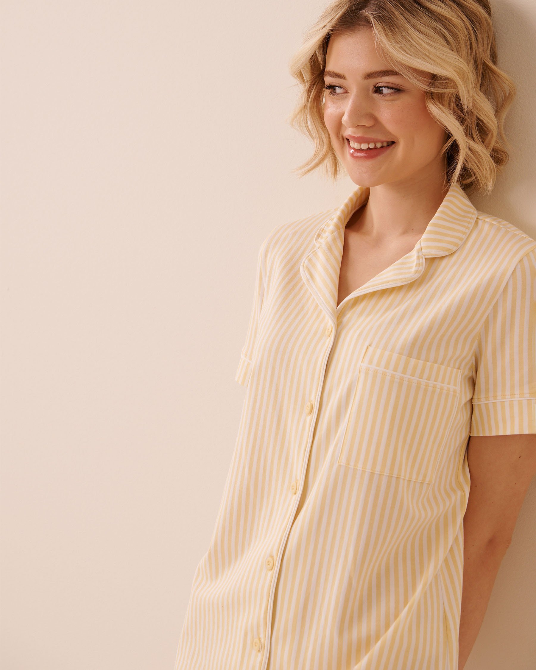LA VIE EN ROSE Cotton Button-down Sleepshirt Yellow Stripes 40500485 - View3