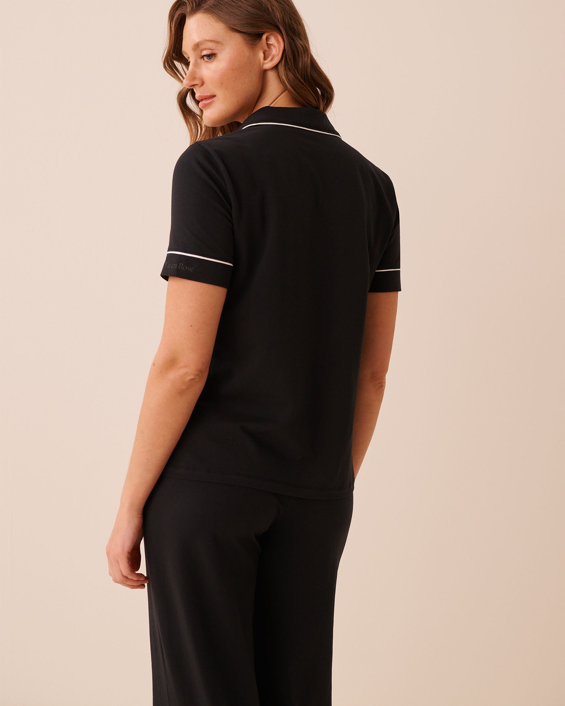 LA VIE EN ROSE Cotton Short Sleeve Button-down Shirt Black 40100850 - View2