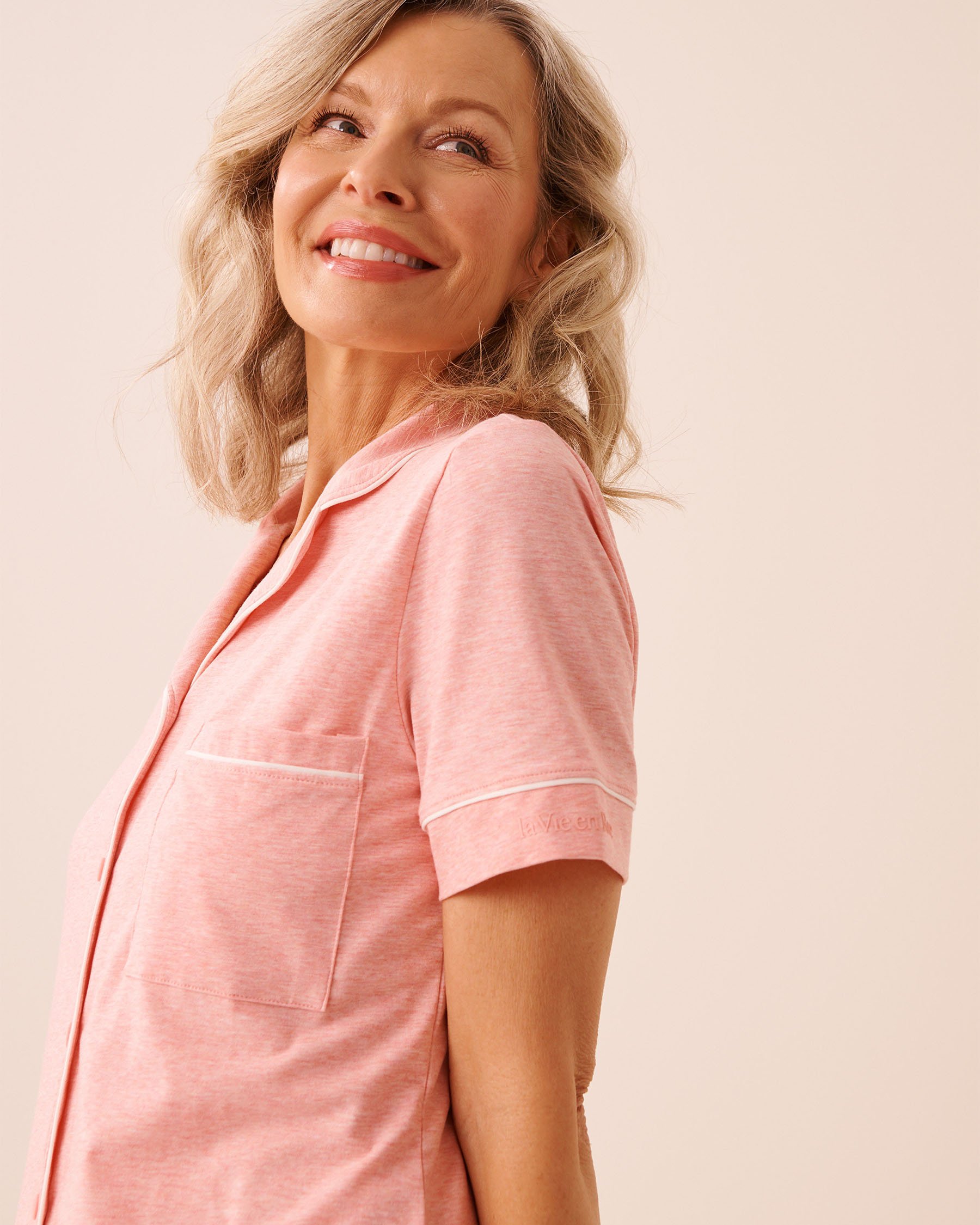 LA VIE EN ROSE Cotton Short Sleeve Button-down Shirt Peachy Pink 40100850 - View3