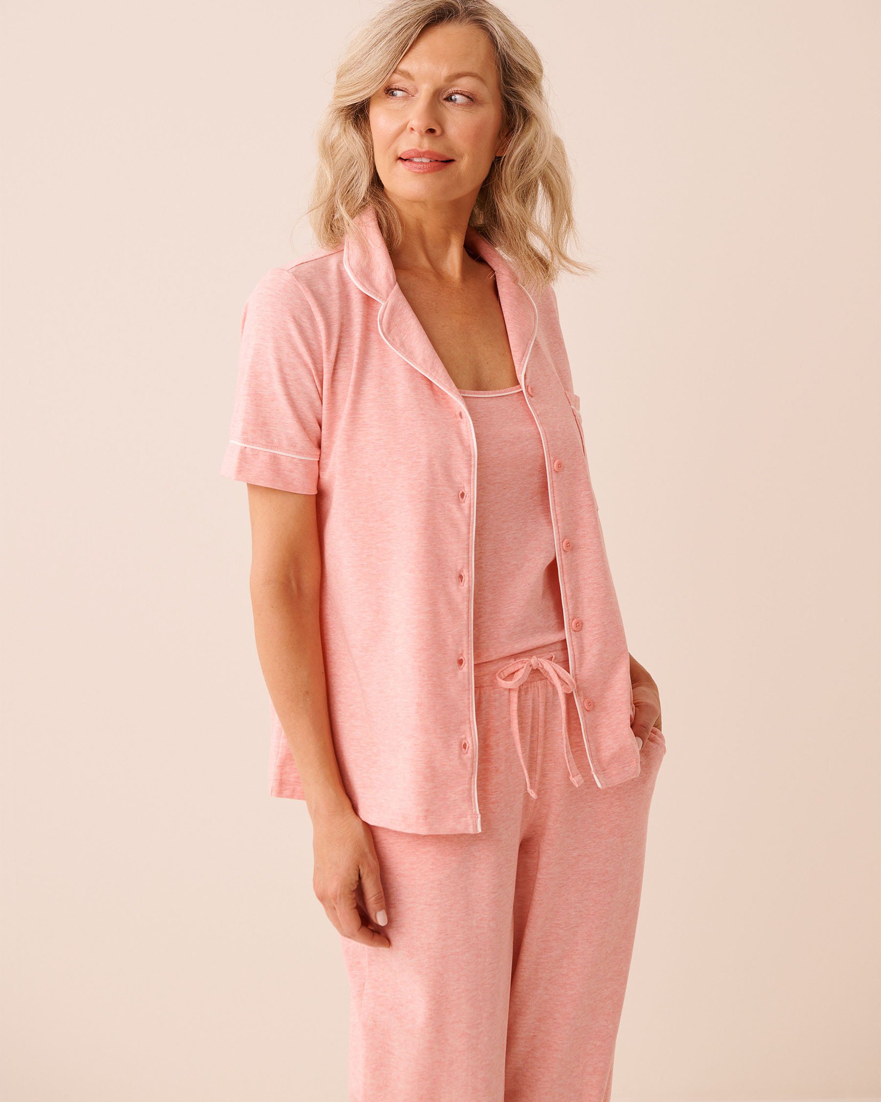 LA VIE EN ROSE Cotton Short Sleeve Button-down Shirt Peachy Pink 40100850 - View4