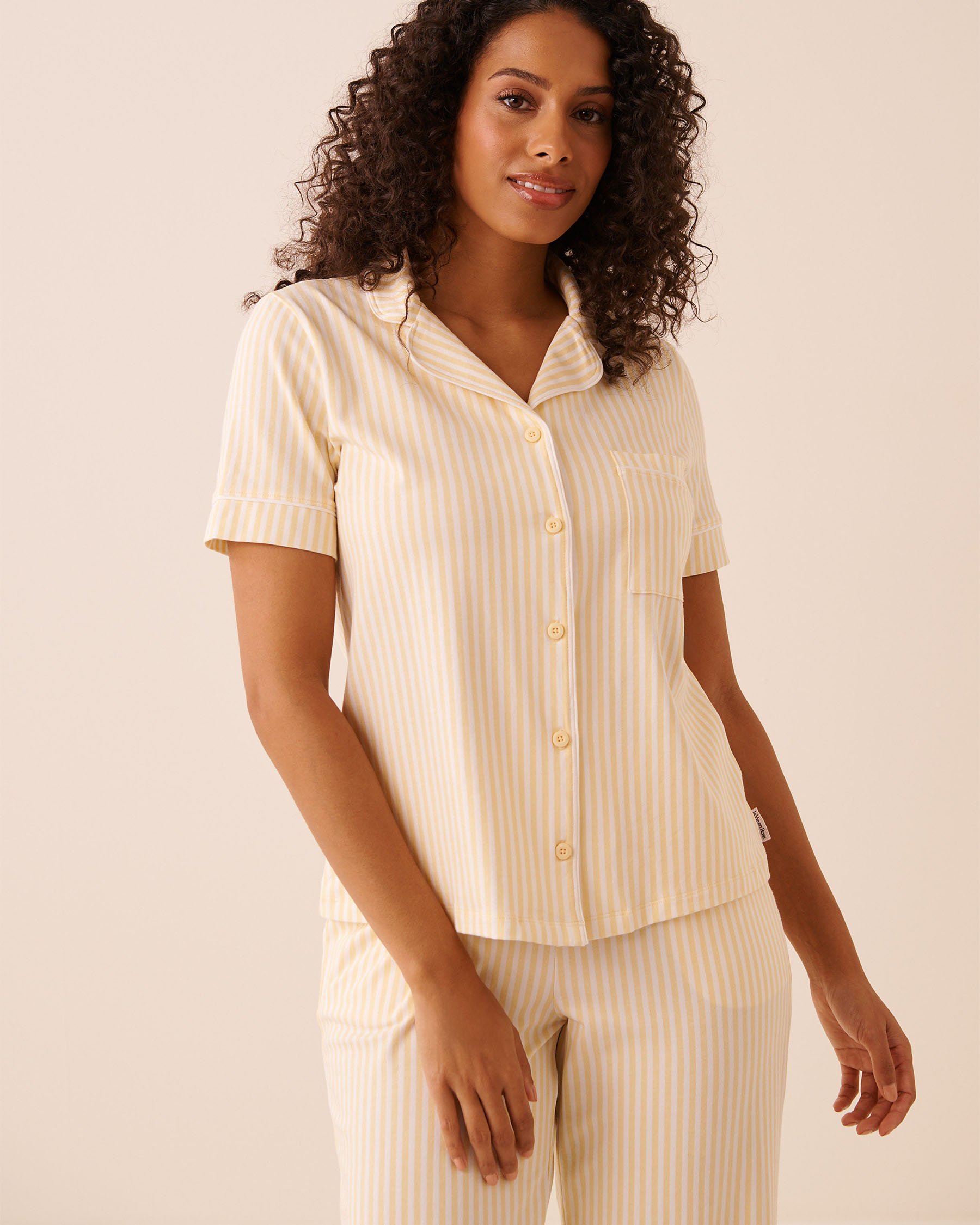 LA VIE EN ROSE Cotton Short Sleeve Button-down Shirt Yellow Stripes 40100850 - View2