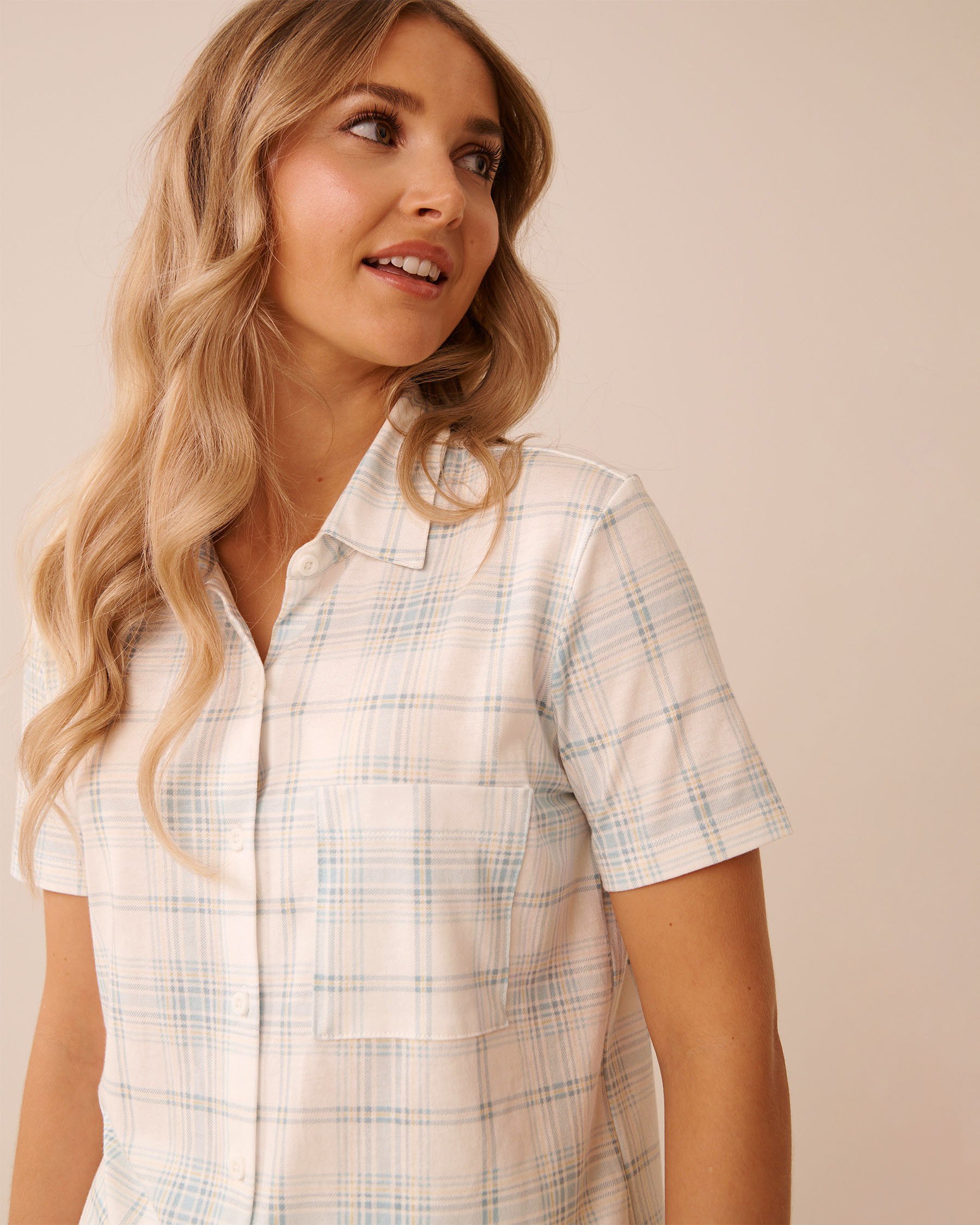 LA VIE EN ROSE Blue Plaid Print Short Sleeve Button-down Shirt Blue Plaid 40100852 - View3