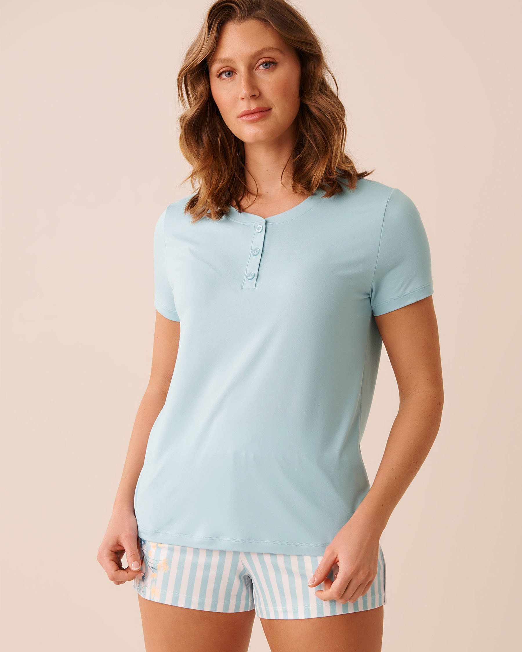LA VIE EN ROSE Super Soft Short Sleeve Henley T-shirt Baby Blue 40100846 - View1