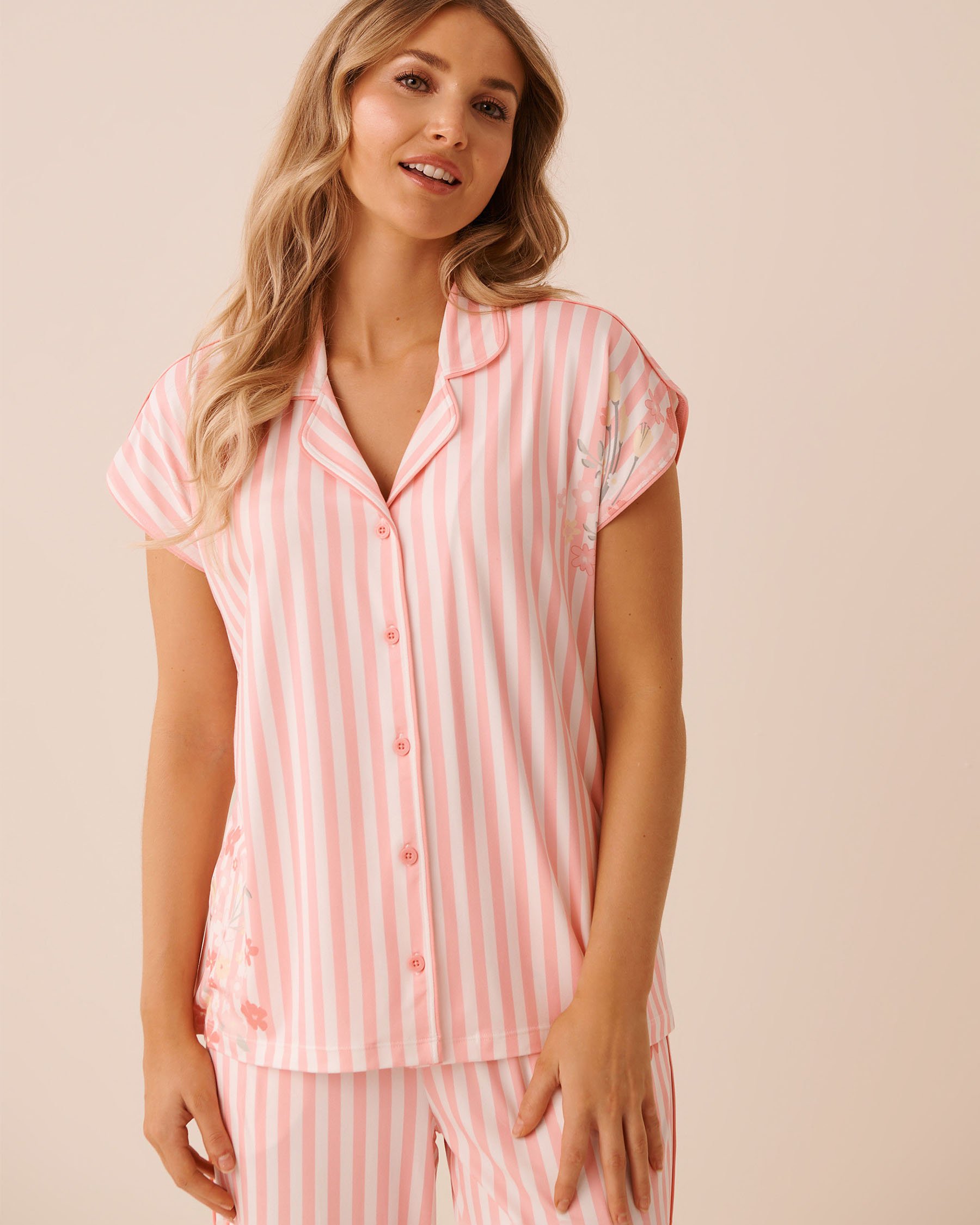 LA VIE EN ROSE Floral Stripe Print Super Soft Short Sleeve Button-down Shirt Pink Floral Stripe 40100840 - View1