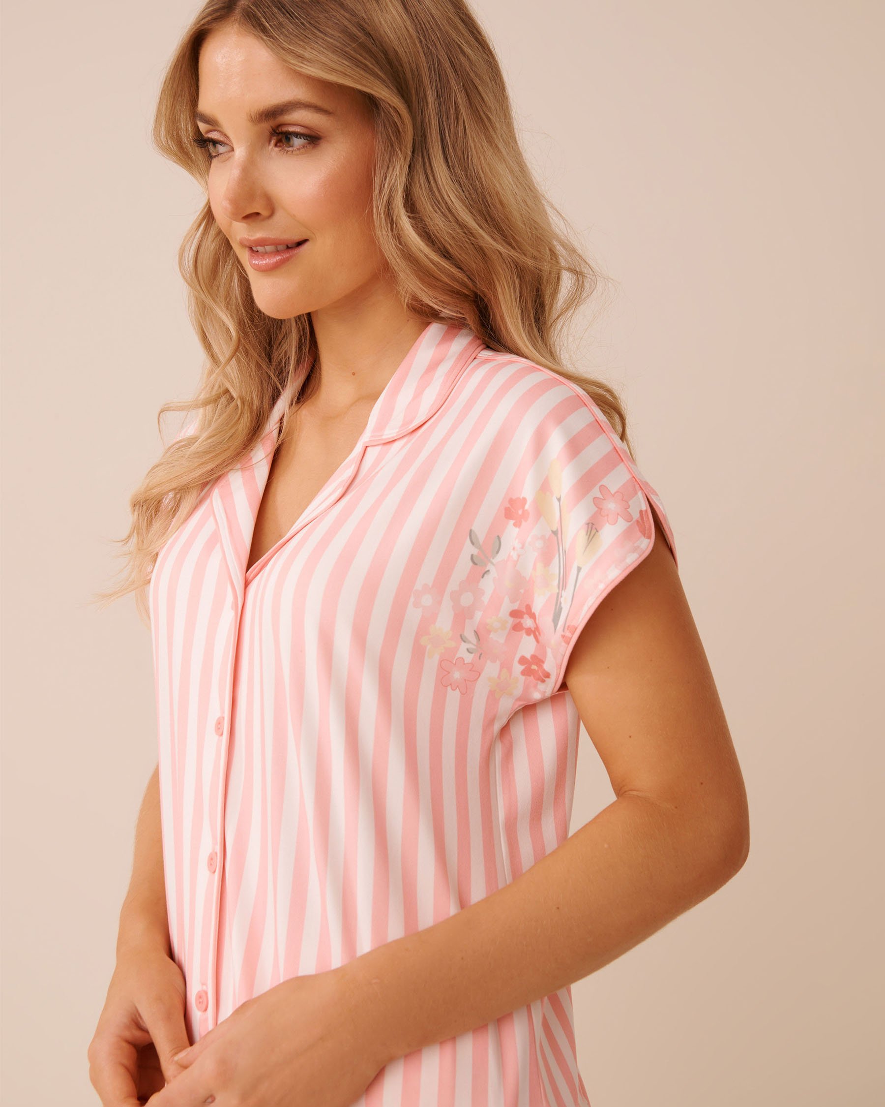 LA VIE EN ROSE Floral Stripe Print Super Soft Short Sleeve Button-down Shirt Pink Floral Stripe 40100840 - View3