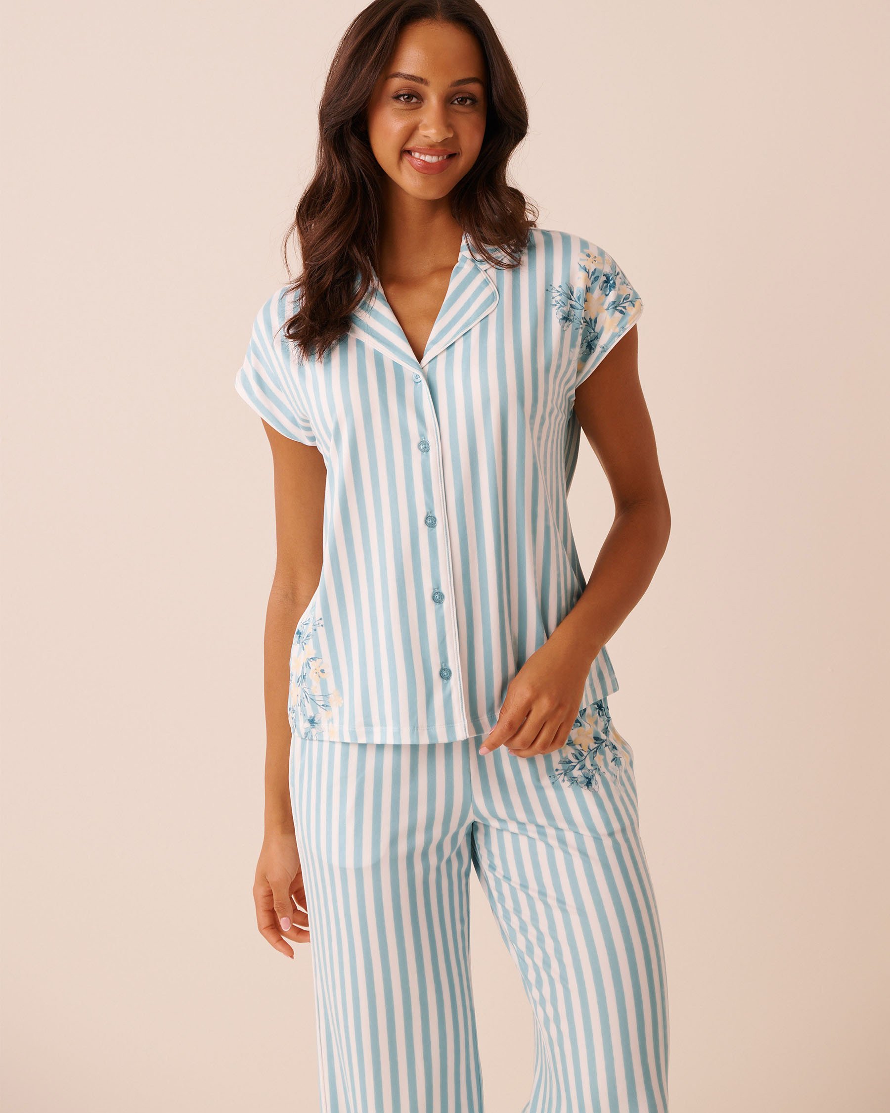 LA VIE EN ROSE Floral Stripe Print Super Soft Button-down Shirt Blue Floral Stripe 40100847 - View1