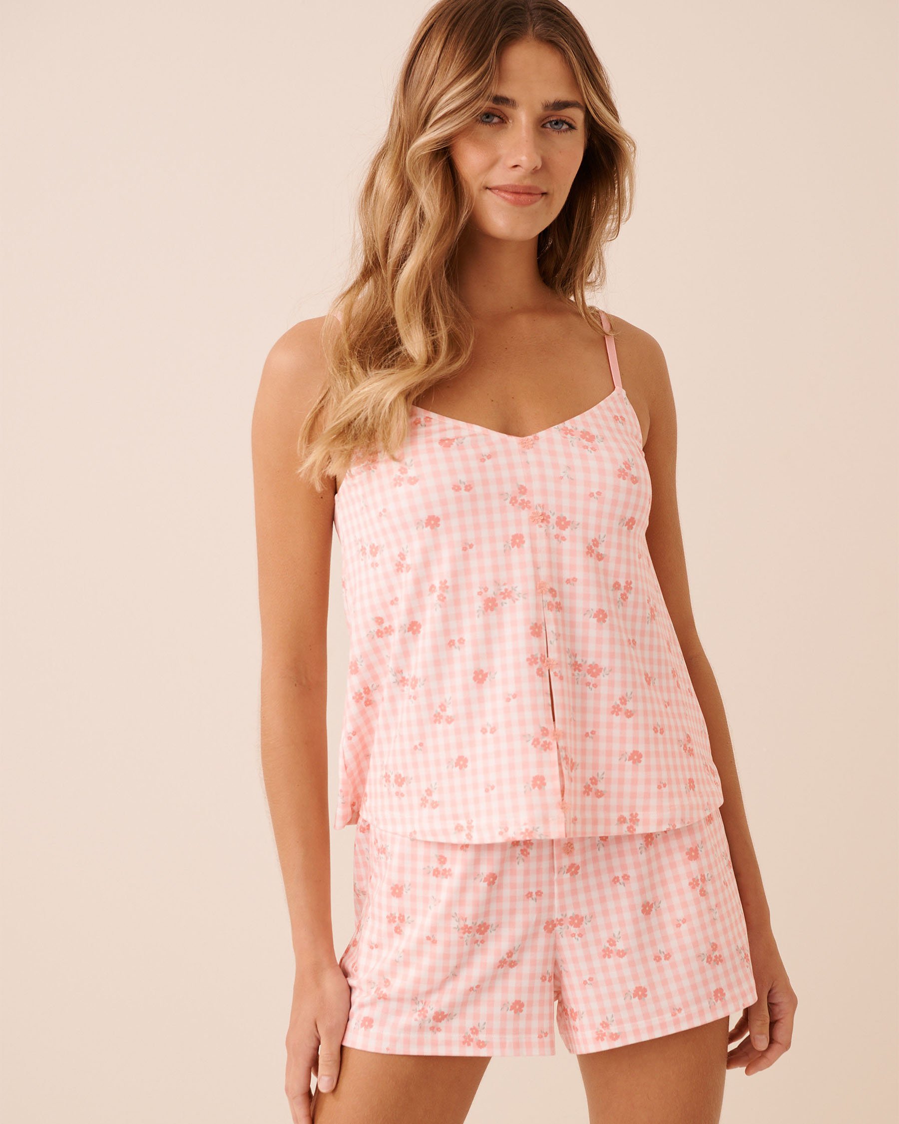 LA VIE EN ROSE Floral Gingham Print Super Soft Cami with Shelf Bra Pink Floral Gingham 40100837 - View1