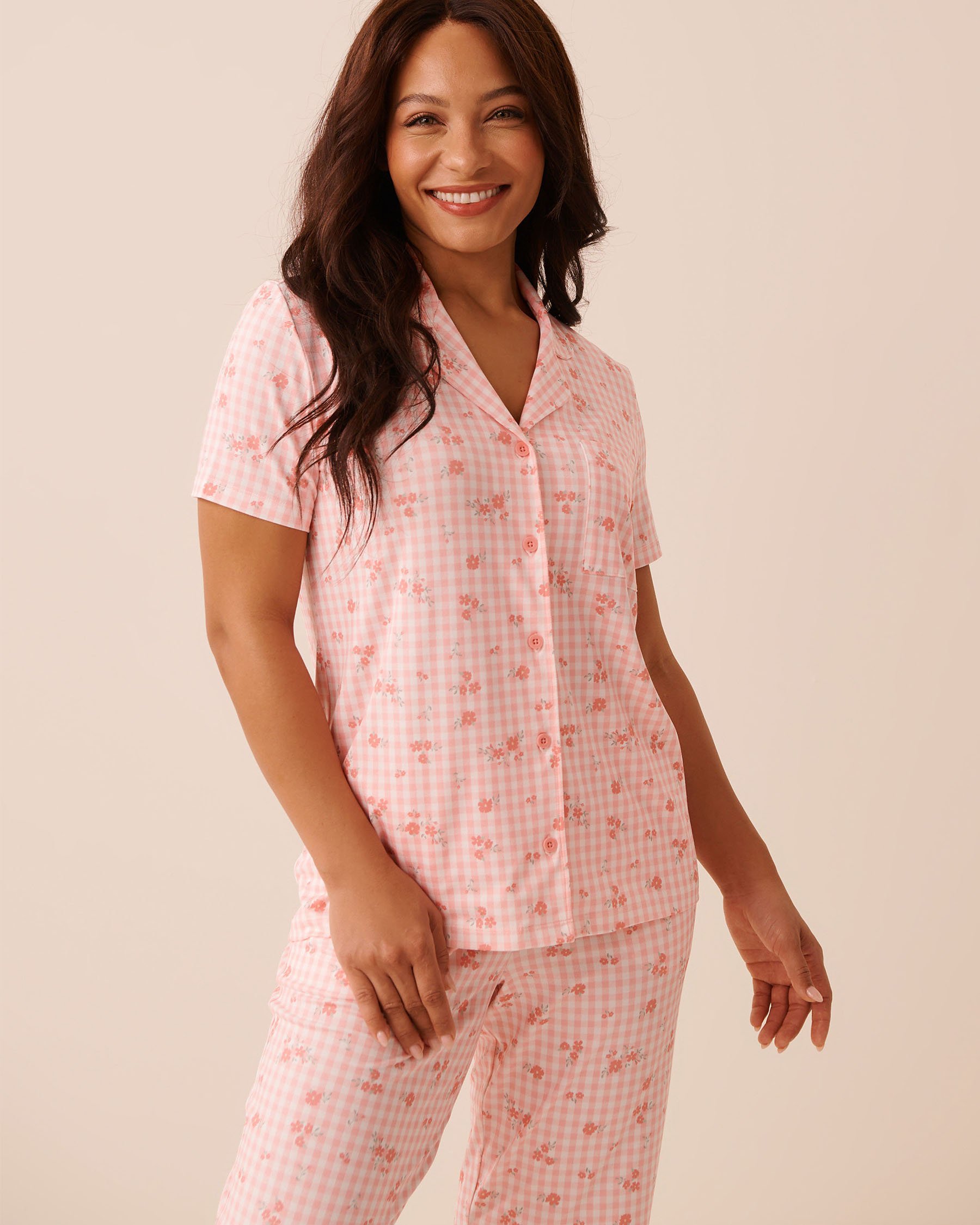 LA VIE EN ROSE Floral Gingham Print Super Soft Short Sleeve Button-down Shirt Pink Floral Gingham 40100839 - View3