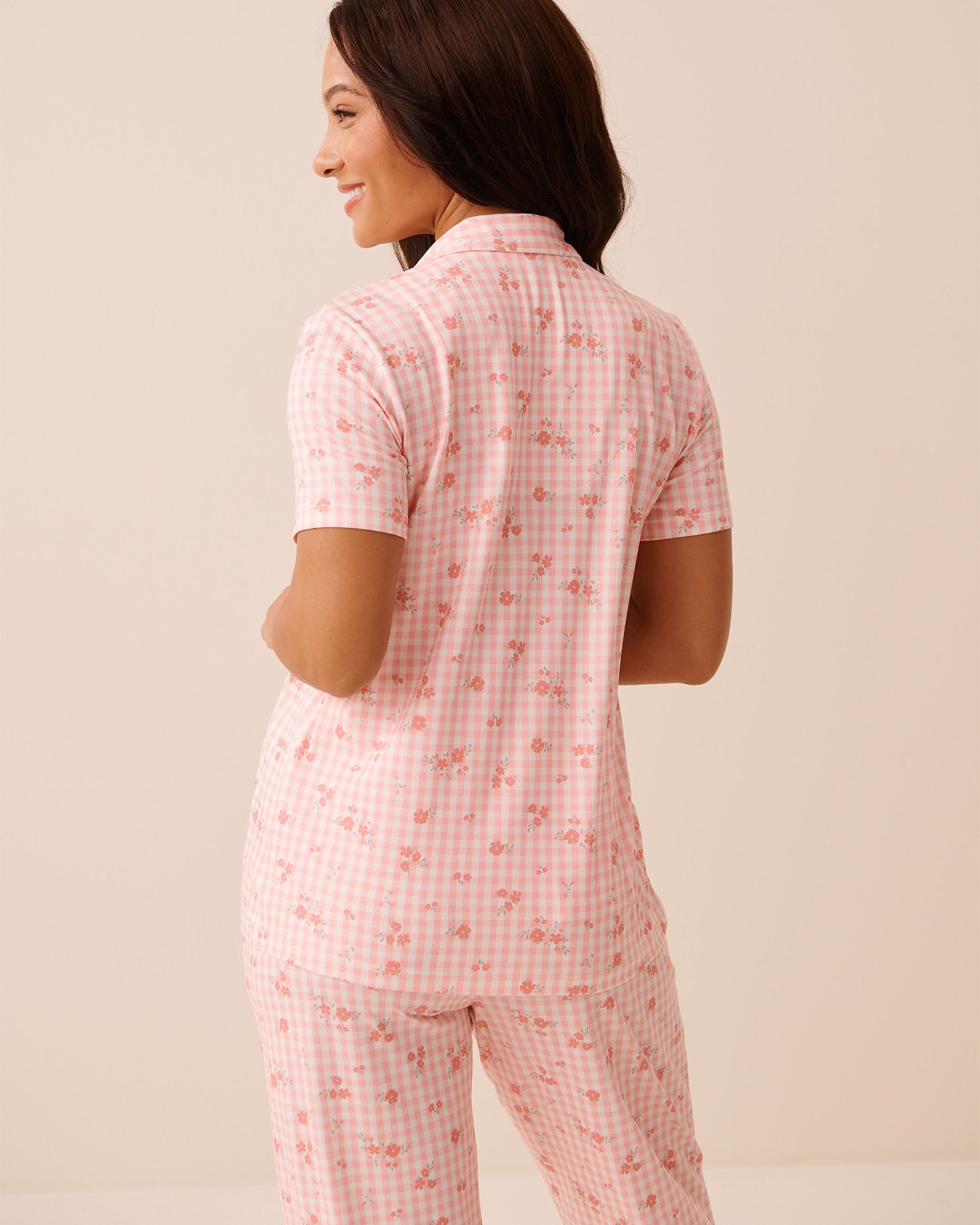 LA VIE EN ROSE Floral Gingham Print Super Soft Short Sleeve Button-down Shirt Pink Floral Gingham 40100839 - View4