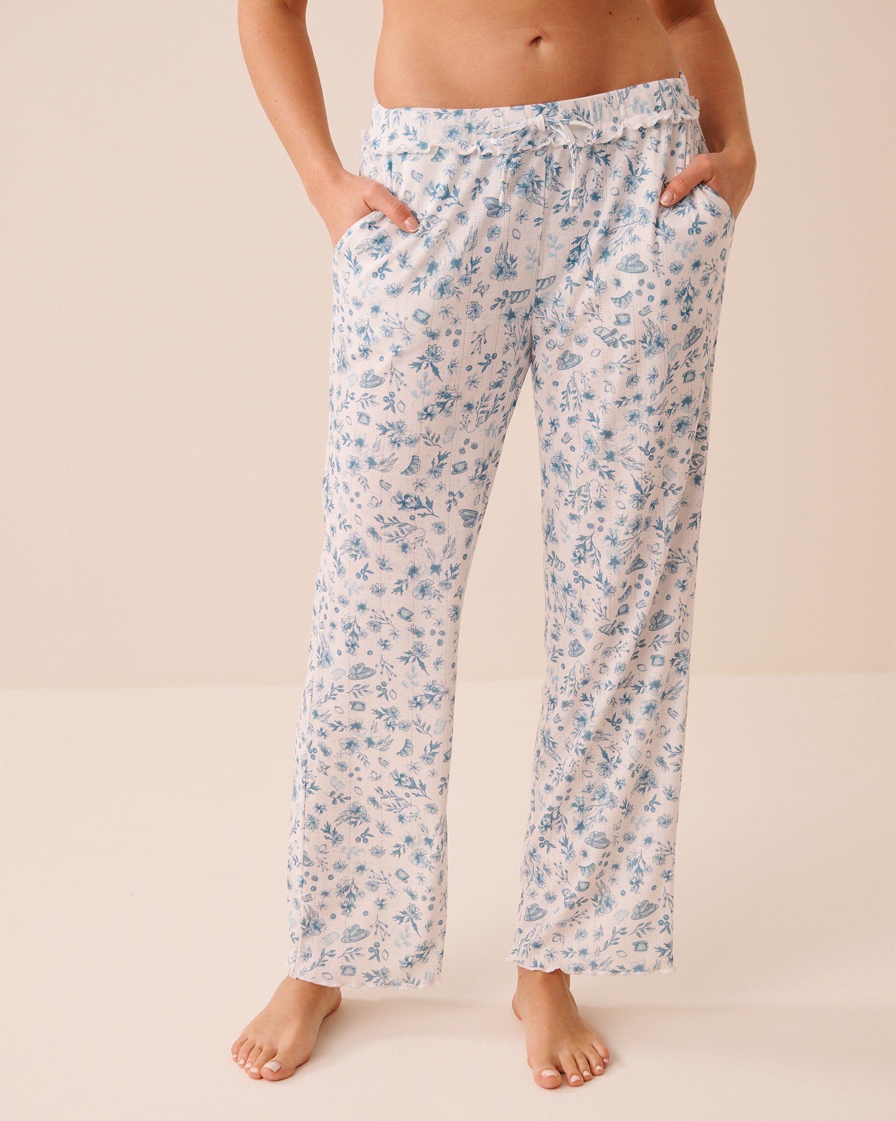 LA VIE EN ROSE Floral Print Ruffle Hem Pointelle Pajama Pants Blue Flowers 40200838 - View1