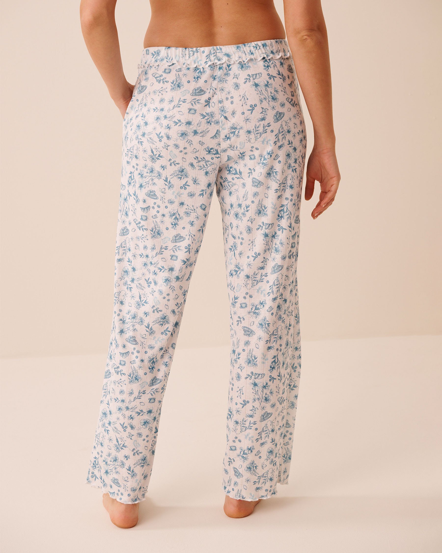LA VIE EN ROSE Floral Print Ruffle Hem Pointelle Pajama Pants Blue Flowers 40200838 - View2