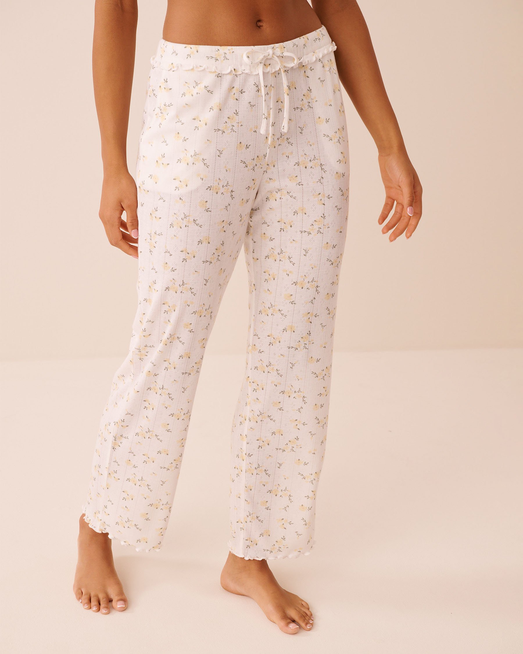 LA VIE EN ROSE Floral Print Ruffle Hem Pointelle Pajama Pants Yellow Flowers 40200838 - View1