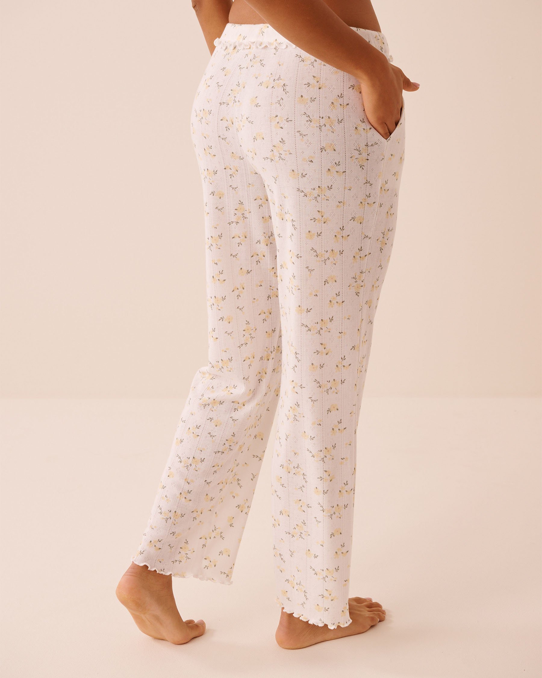 LA VIE EN ROSE Floral Print Ruffle Hem Pointelle Pajama Pants Yellow Flowers 40200838 - View2