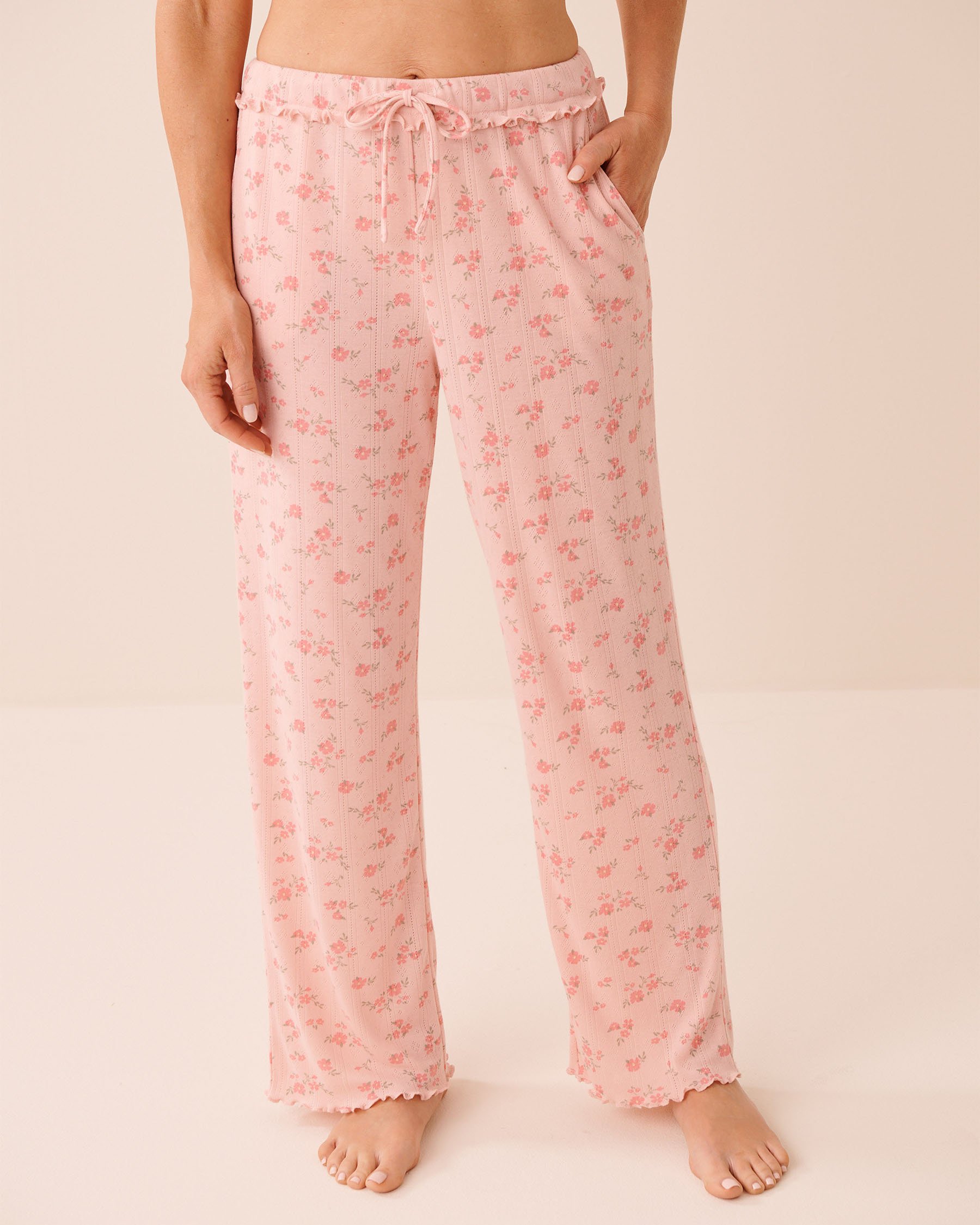 LA VIE EN ROSE Floral Print Ruffle Hem Pointelle Pajama Pants Pink Flowers 40200838 - View1