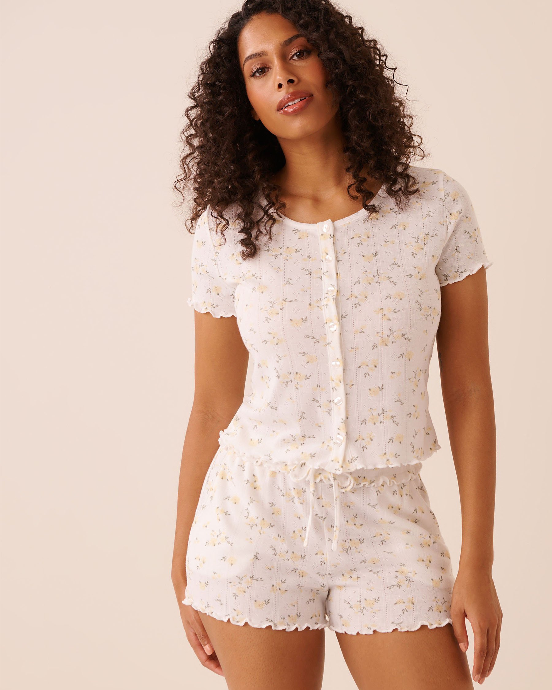 LA VIE EN ROSE Floral Print Ruffle Hem Pointelle Short Sleeve T-shirt Yellow Flowers 40100856 - View1