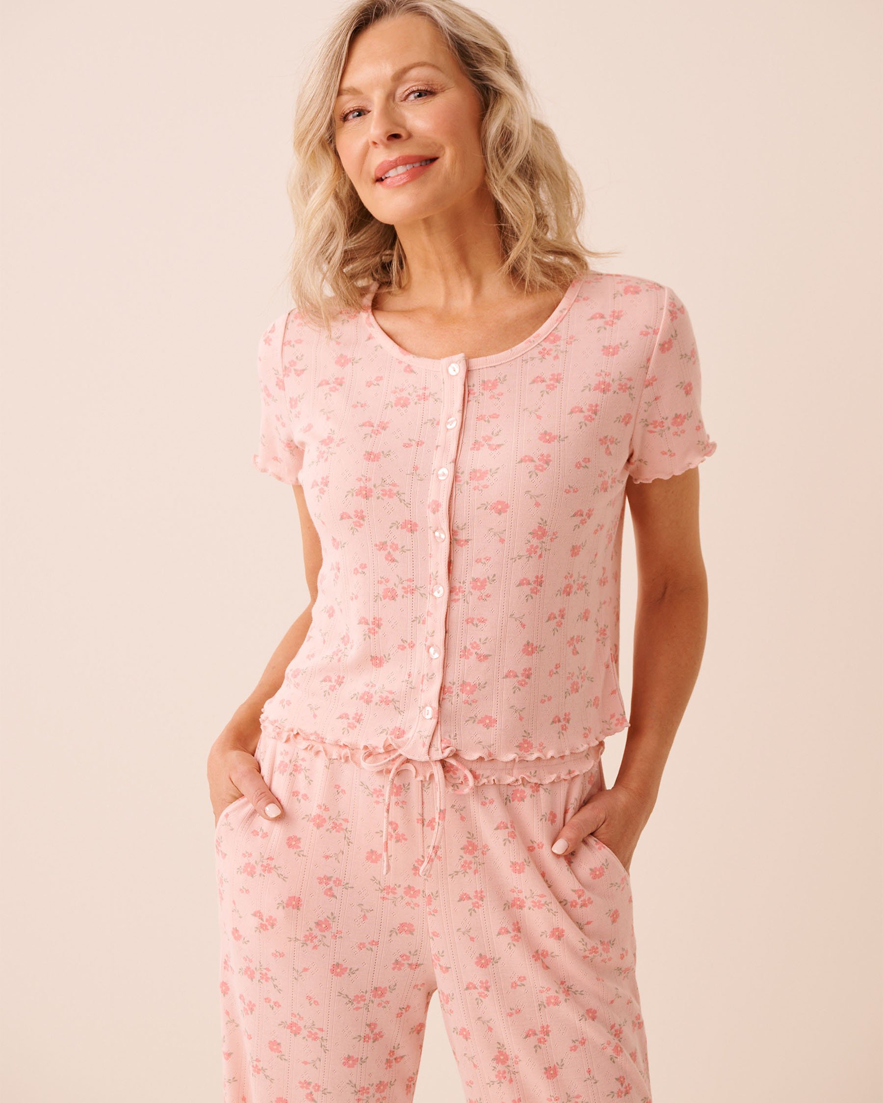 LA VIE EN ROSE Floral Print Ruffle Hem Pointelle T-shirt Pink Flowers 40100856 - View1