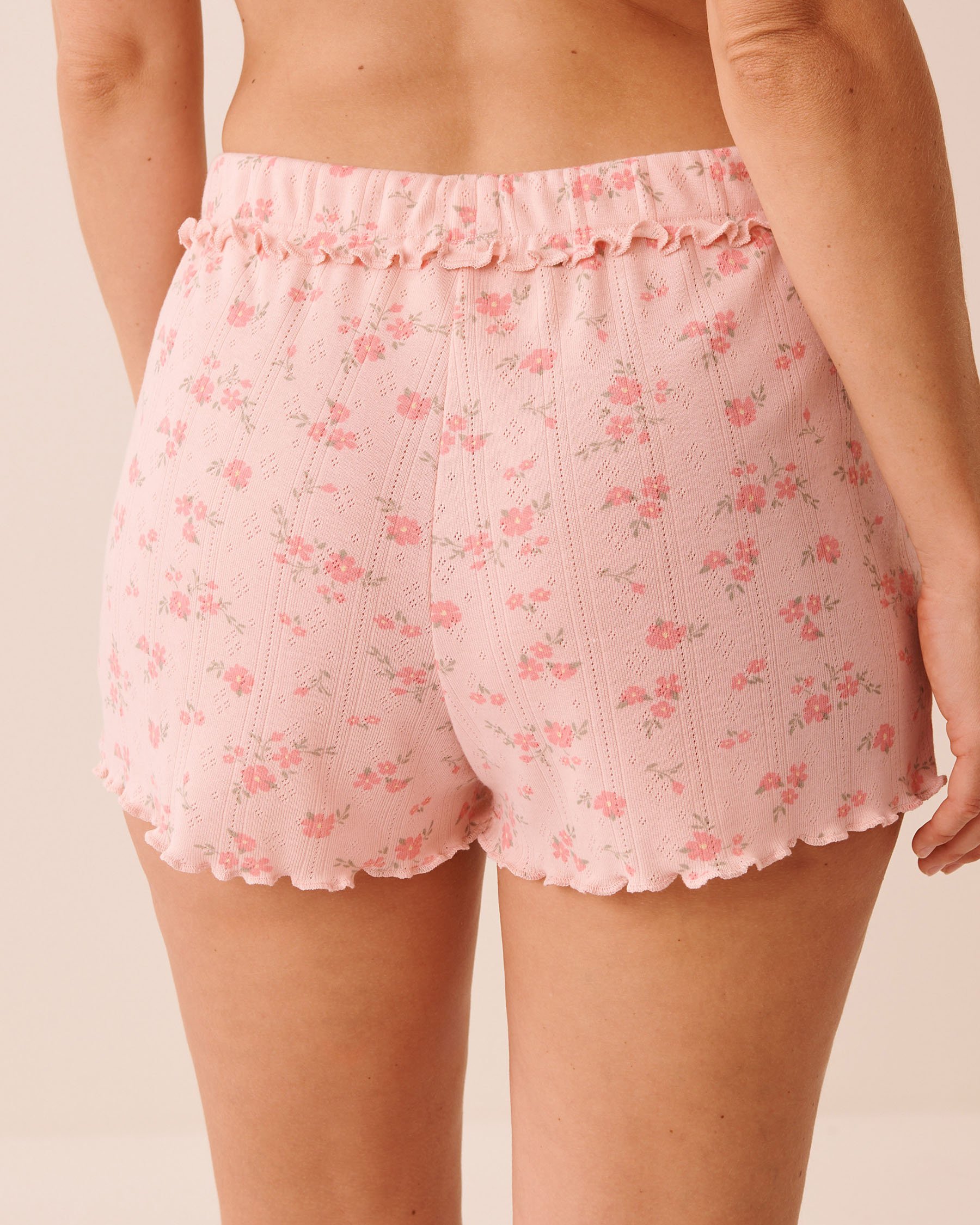 LA VIE EN ROSE Floral Print Ruffle Hem Pointelle Pajama Shorts Pink Flowers 40200837 - View2