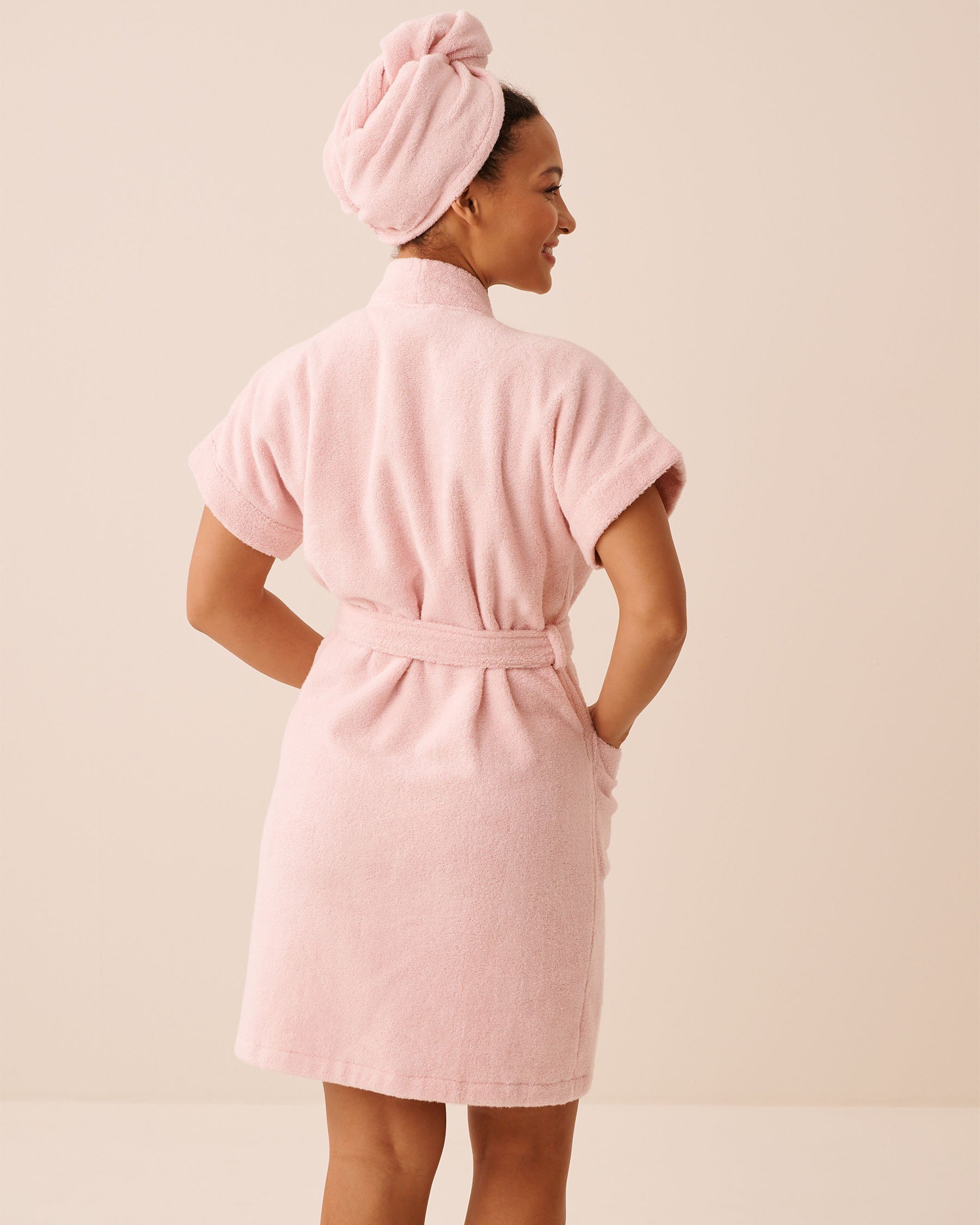 LA VIE EN ROSE Ensemble peignoir en ratine et serviette pour cheveux Rose 40600230 - Voir6